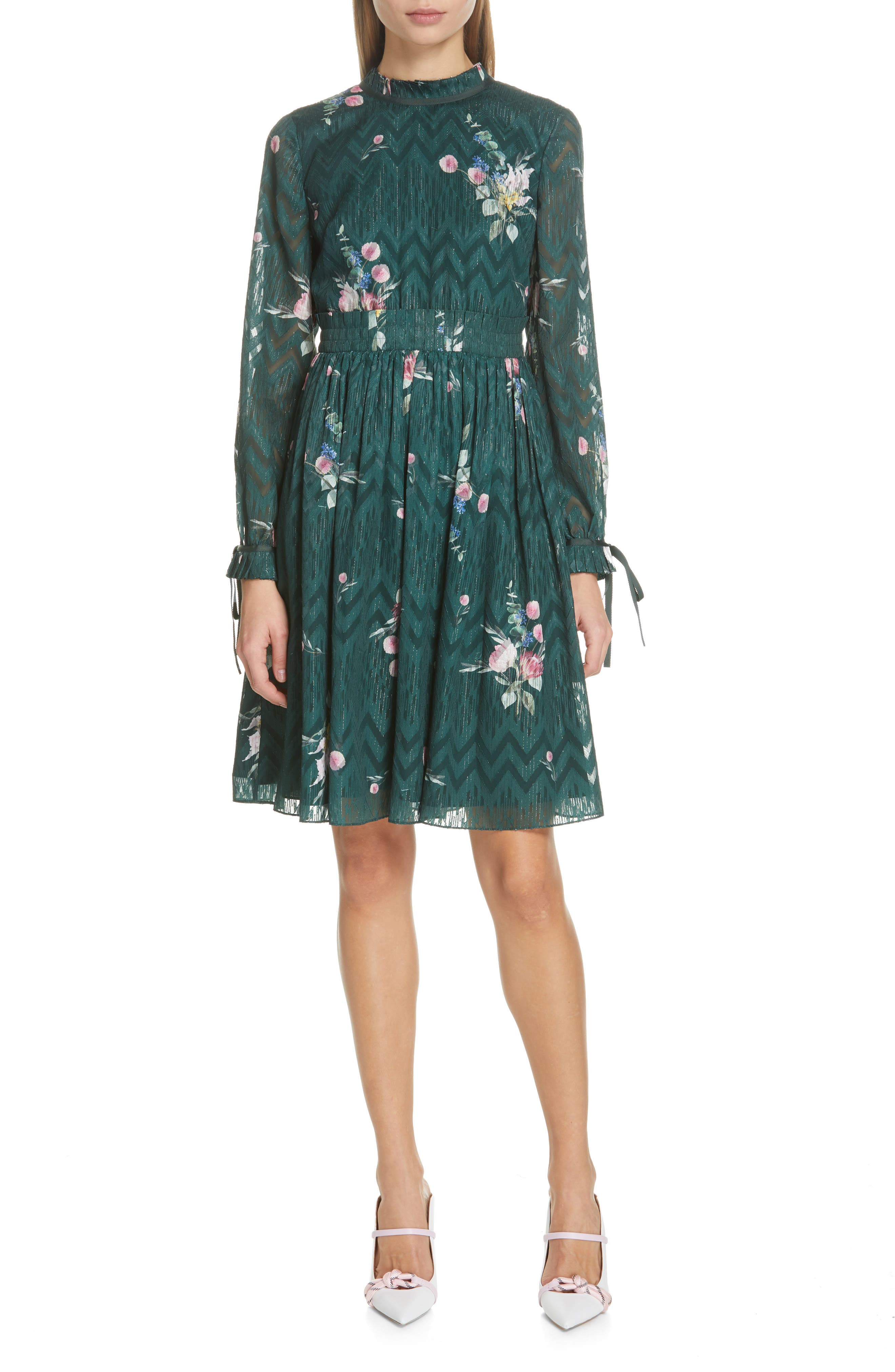 Ted Baker London Sofiya Floral Ribbon Tie Dress, Green