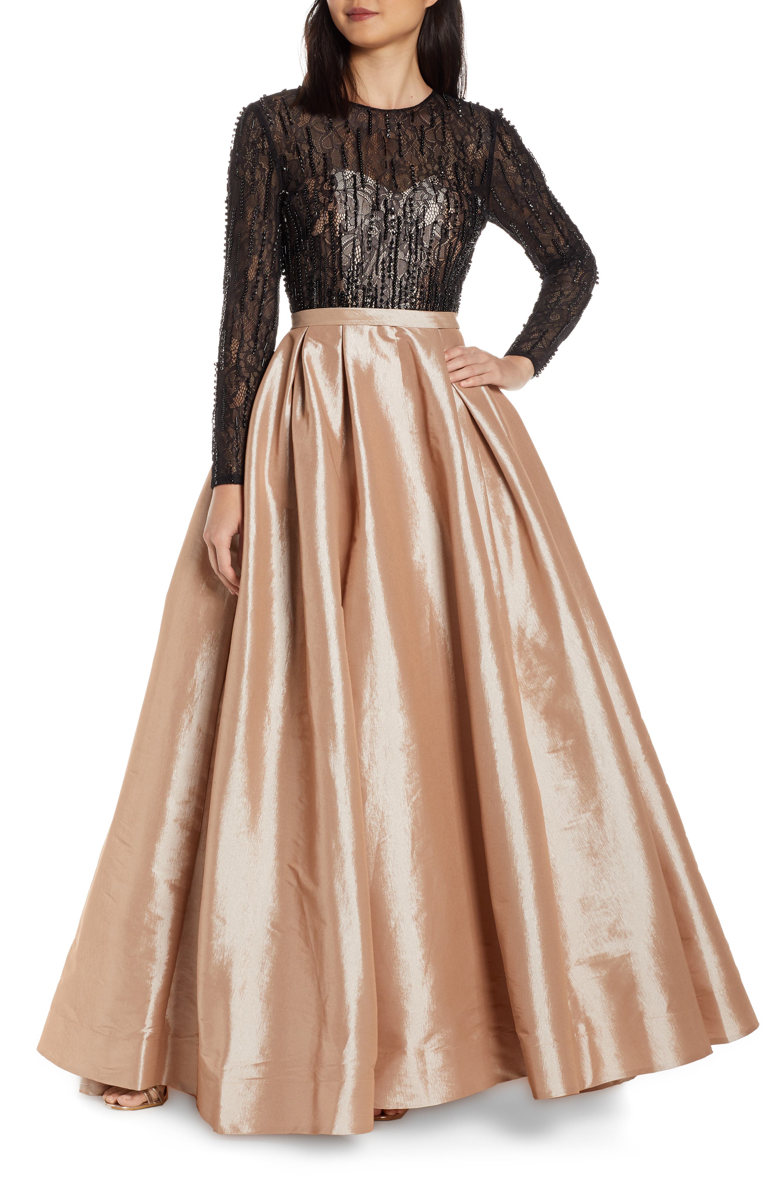 MAC Duggal Long Sleeve Illusion Lace Bodice Prom Dress, Beige