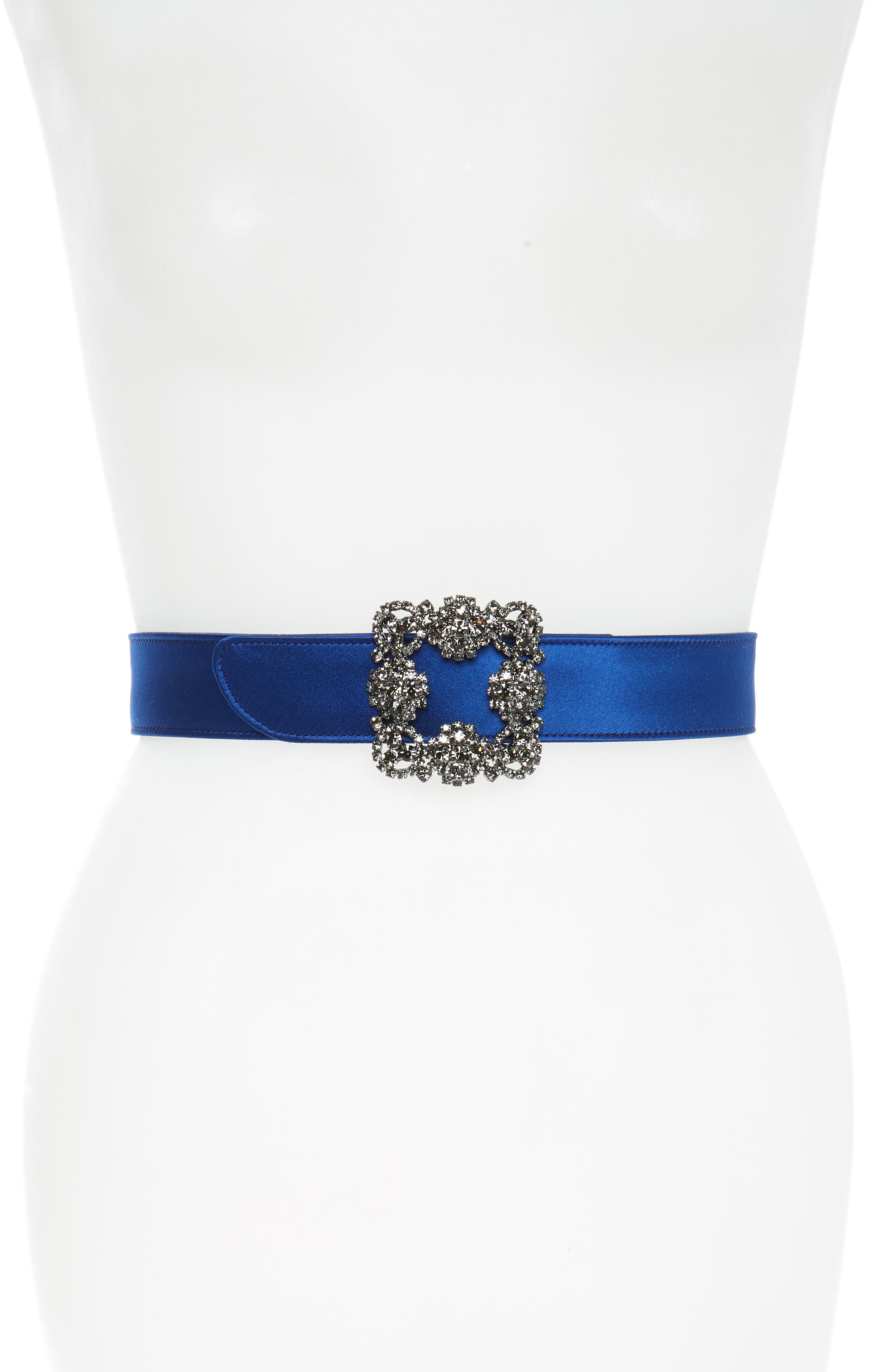 Manolo Blahnik Hangisi Jewel Buckle Satin Belt, Blue
