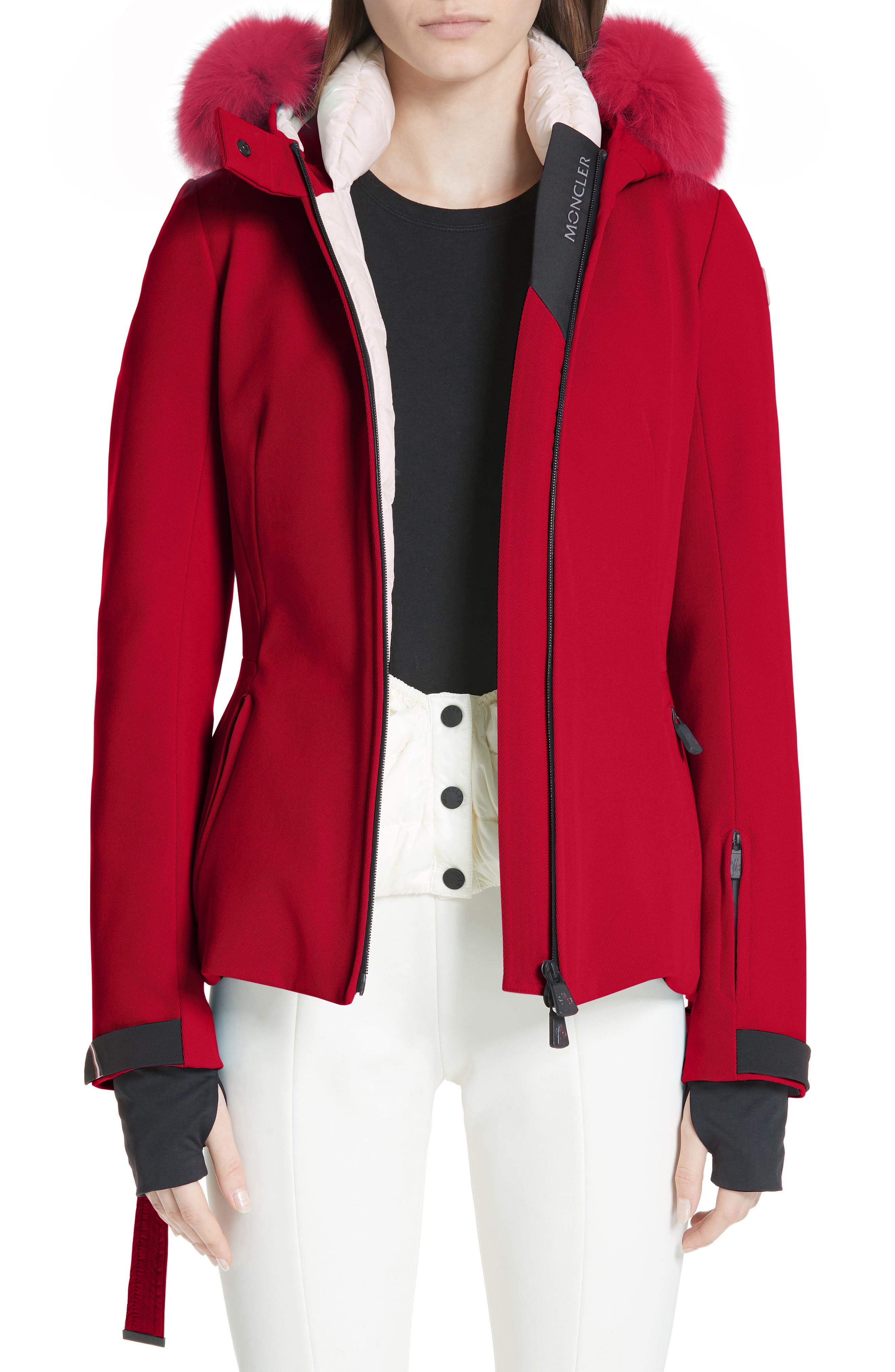 Moncler Bauges Water Repellent Hooded Down Coat With Detachable Genuine Fox Fur Trim, Red