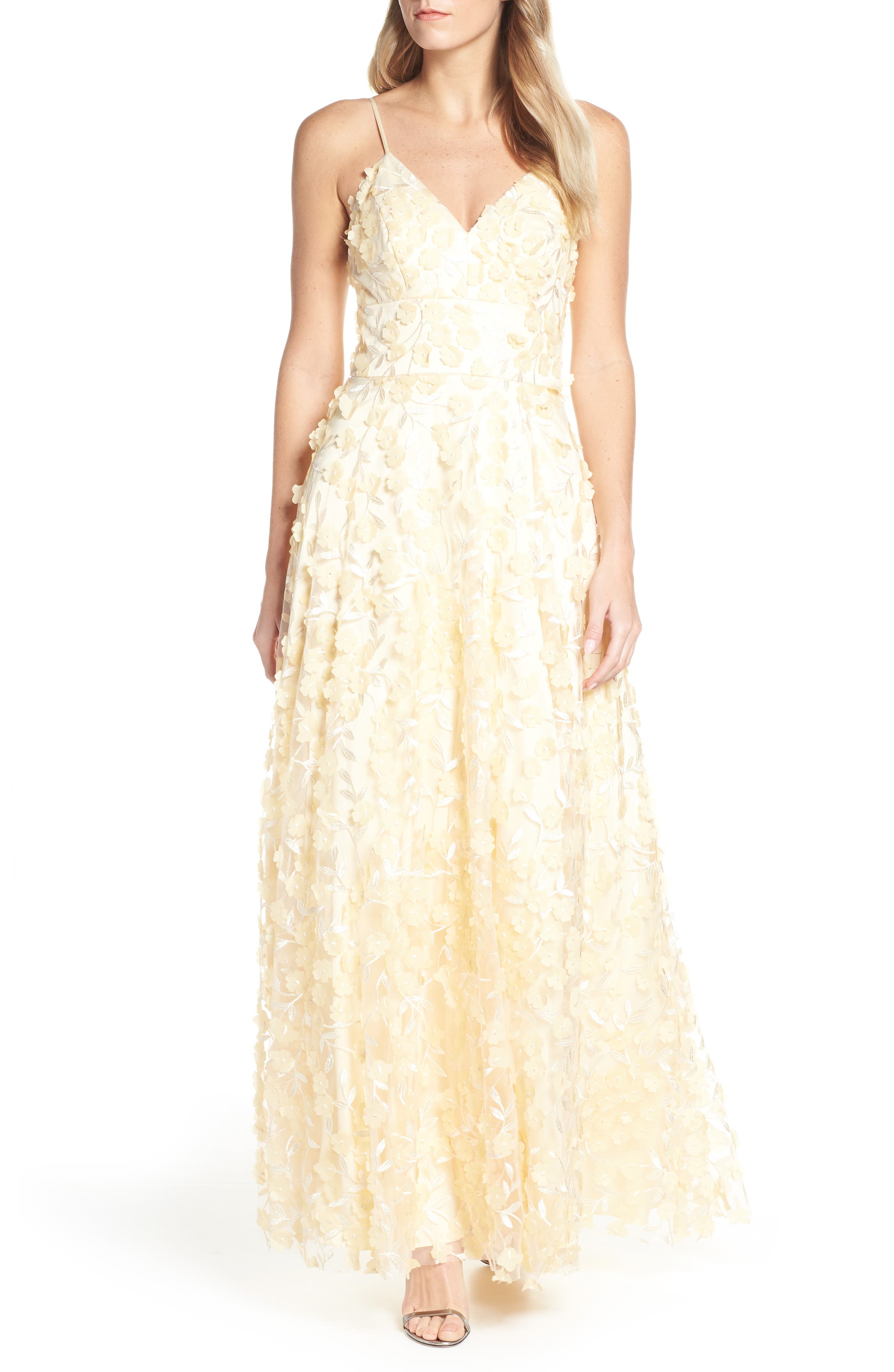 Eliza J Floral Applique Evening Dress, Yellow