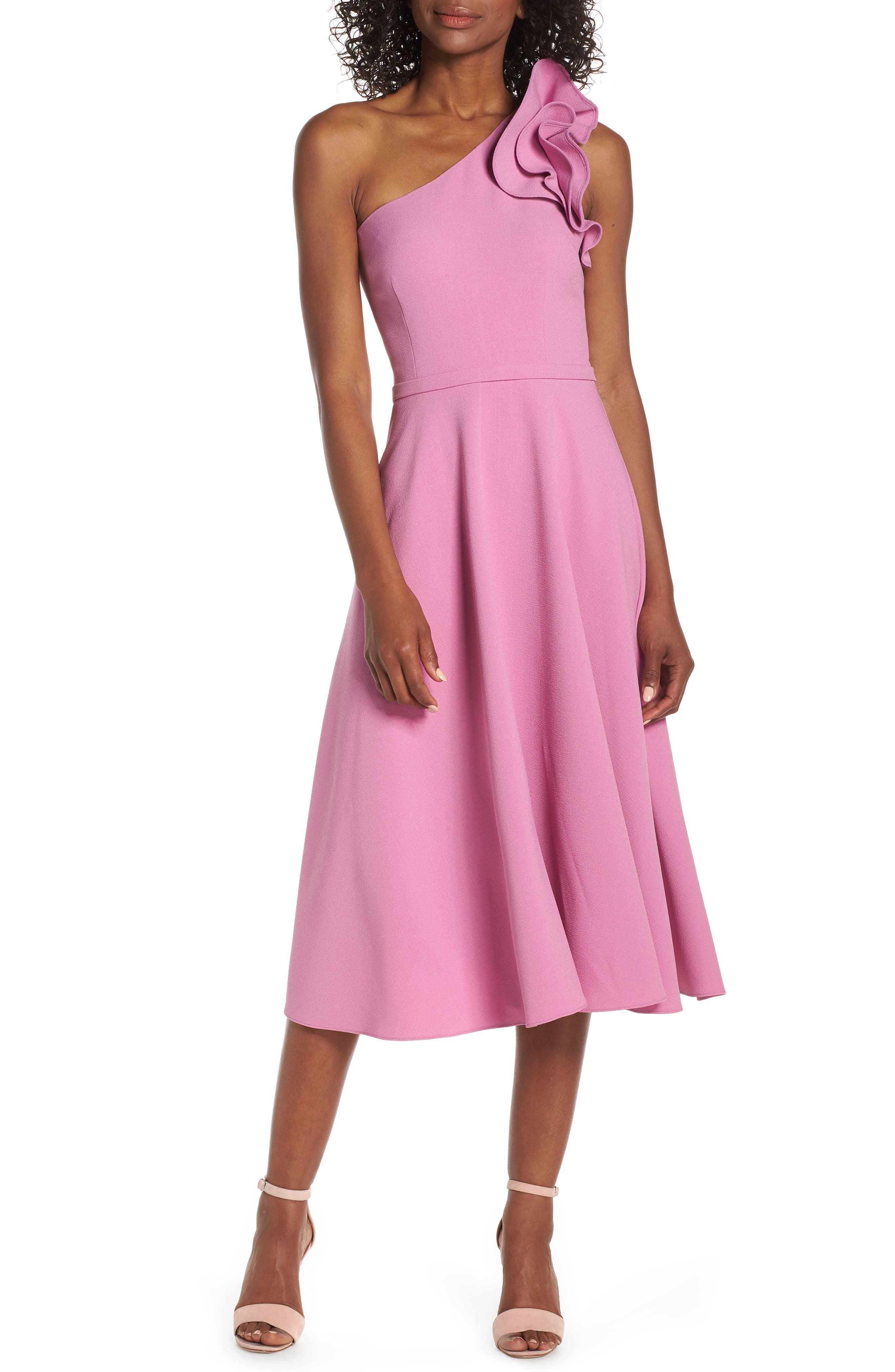 Eliza J Ruffle One-Shoulder Fit & Flare Dress, Pink