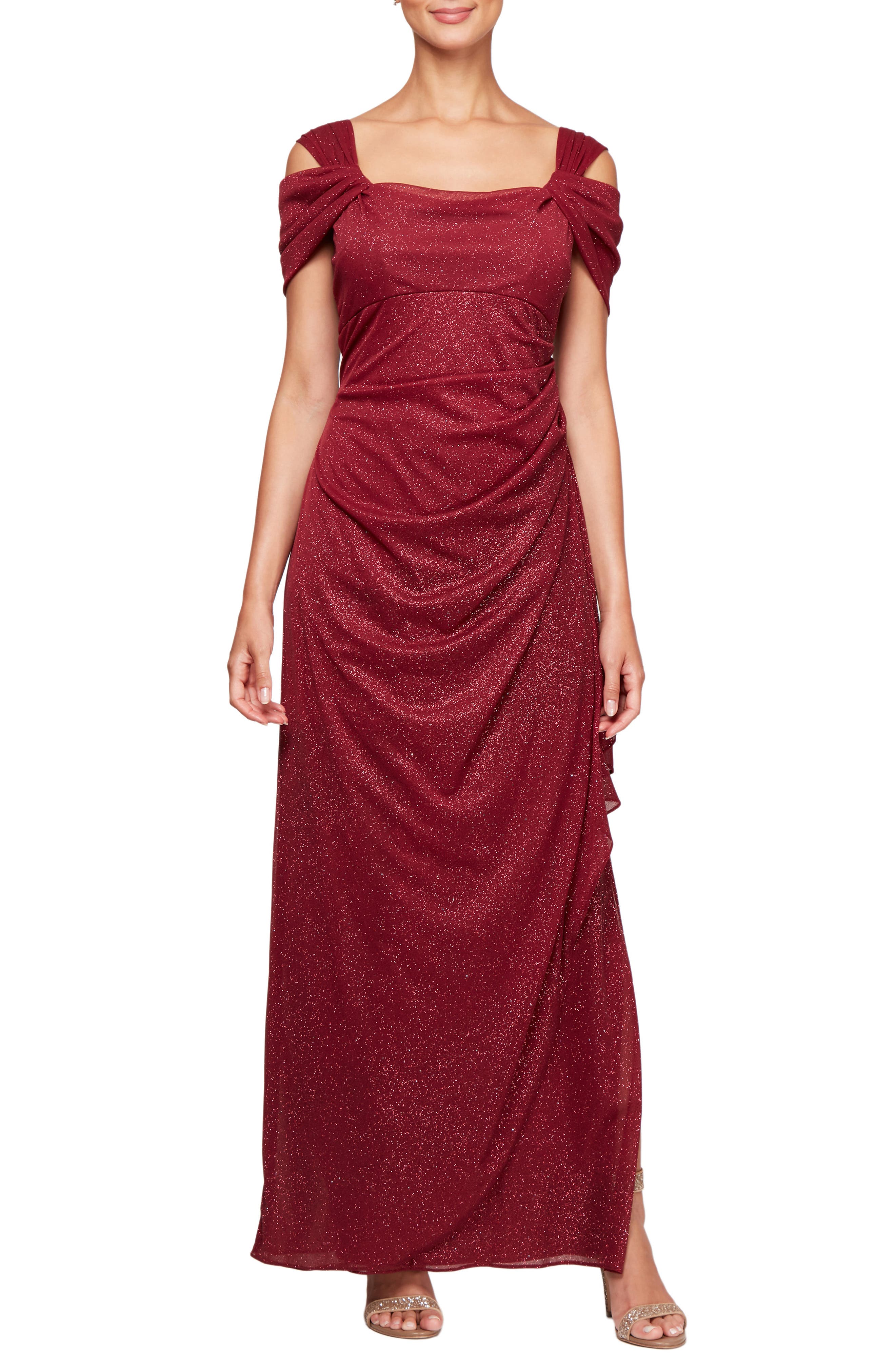 Alex Evenings Cold Shoulder Chiffon Gown, Burgundy