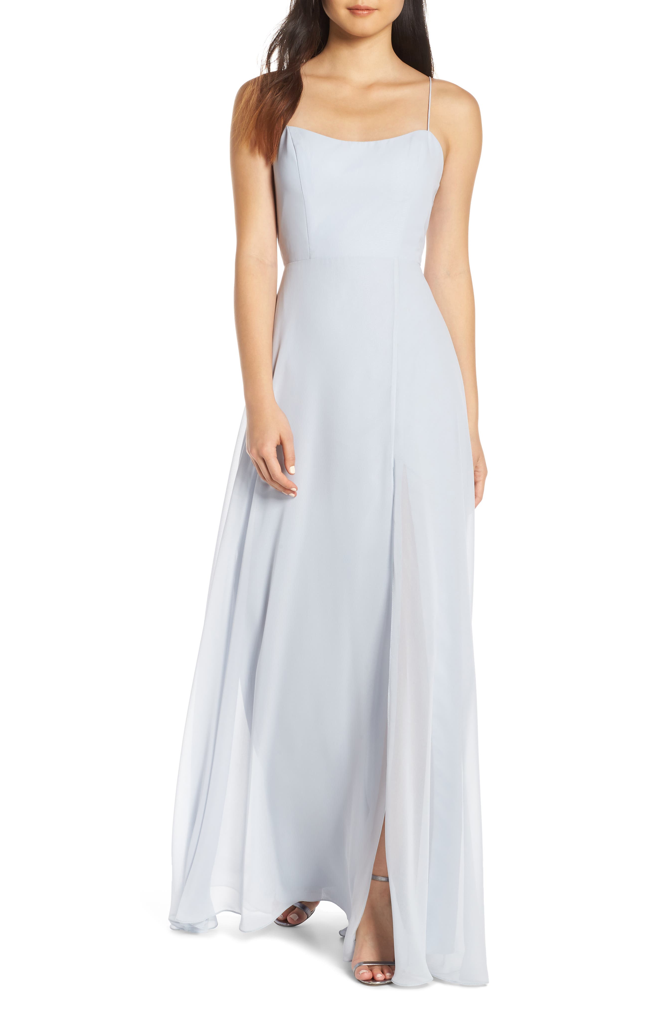 Jenny Yoo Kiara Bow Back Chiffon Evening Dress, Blue