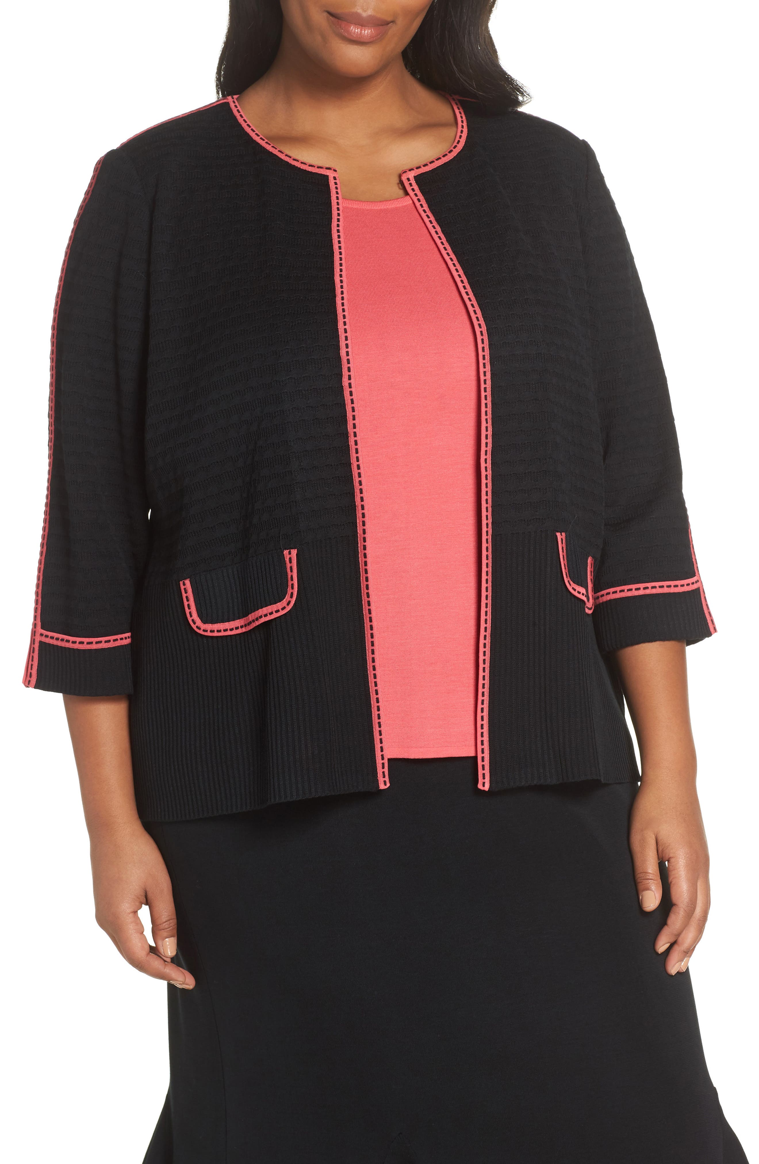 Plus Size Ming Wang Contrast Trim Jacquard Knit Jacket, Black