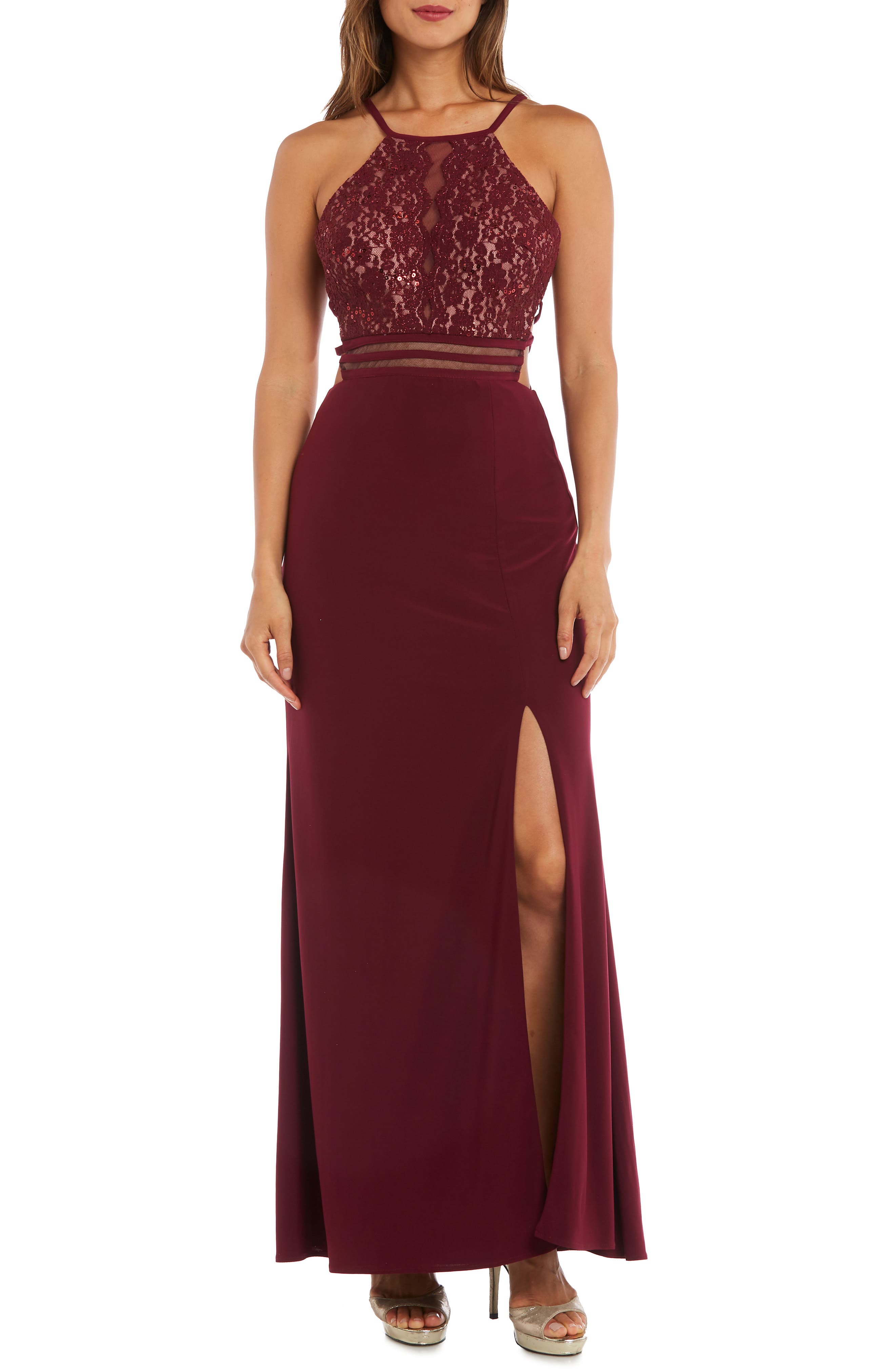 Morgan & Co. Strappy Lace Bodice Gown, /2 - Red