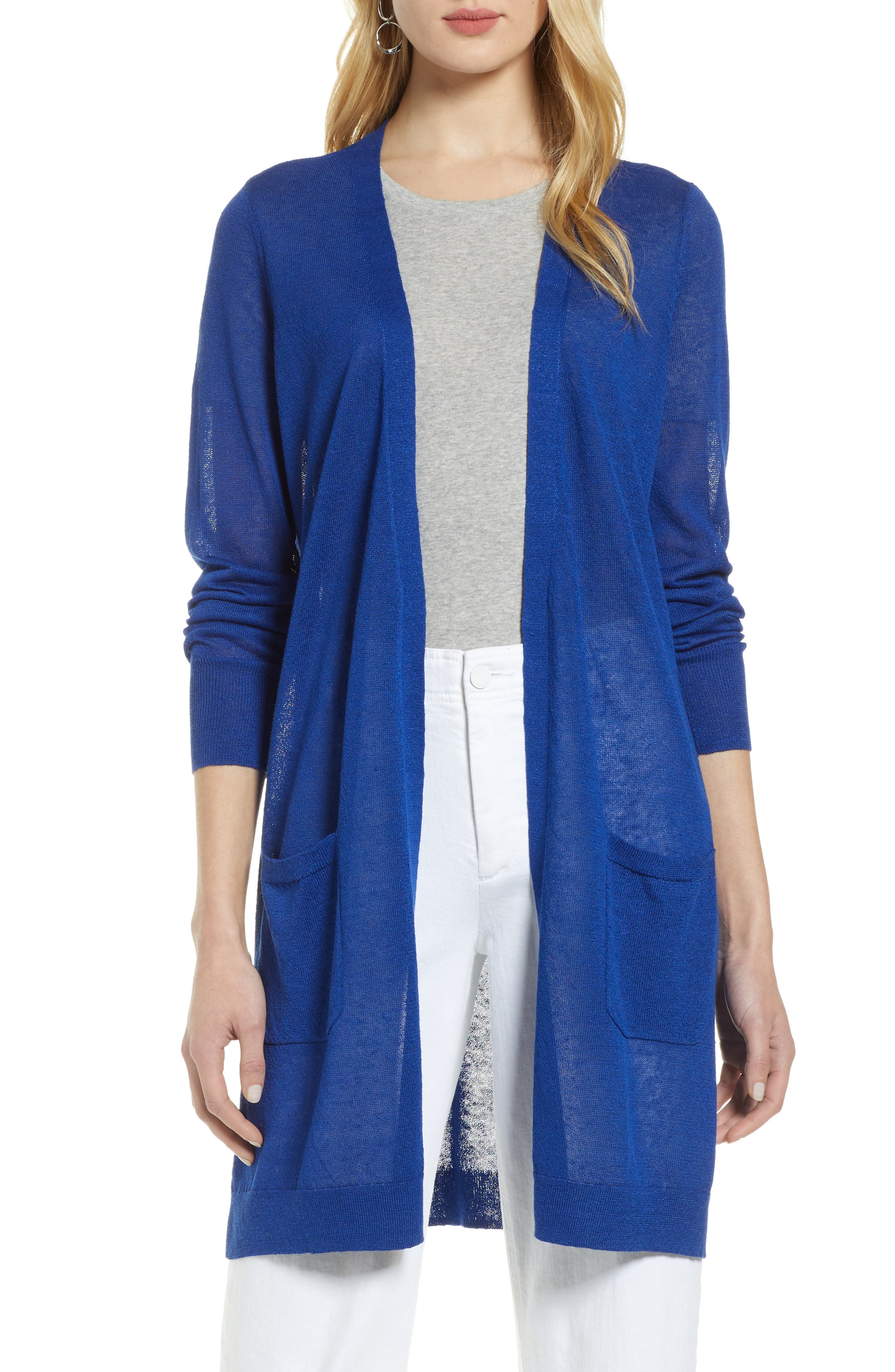 Petite Halogen Long Linen Blend Cardigan, Blue