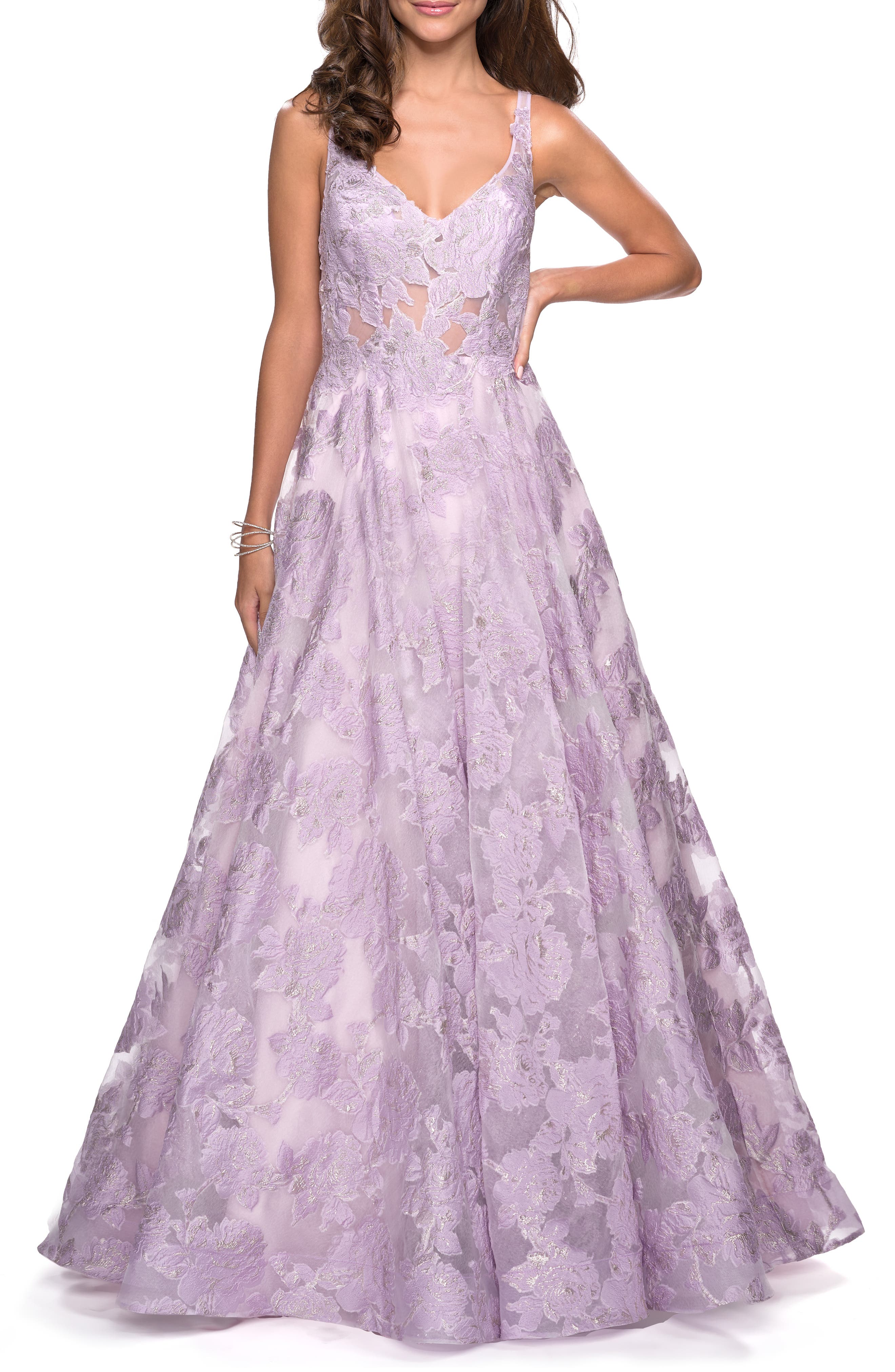 La Femme Lace A-Line Evening Dress