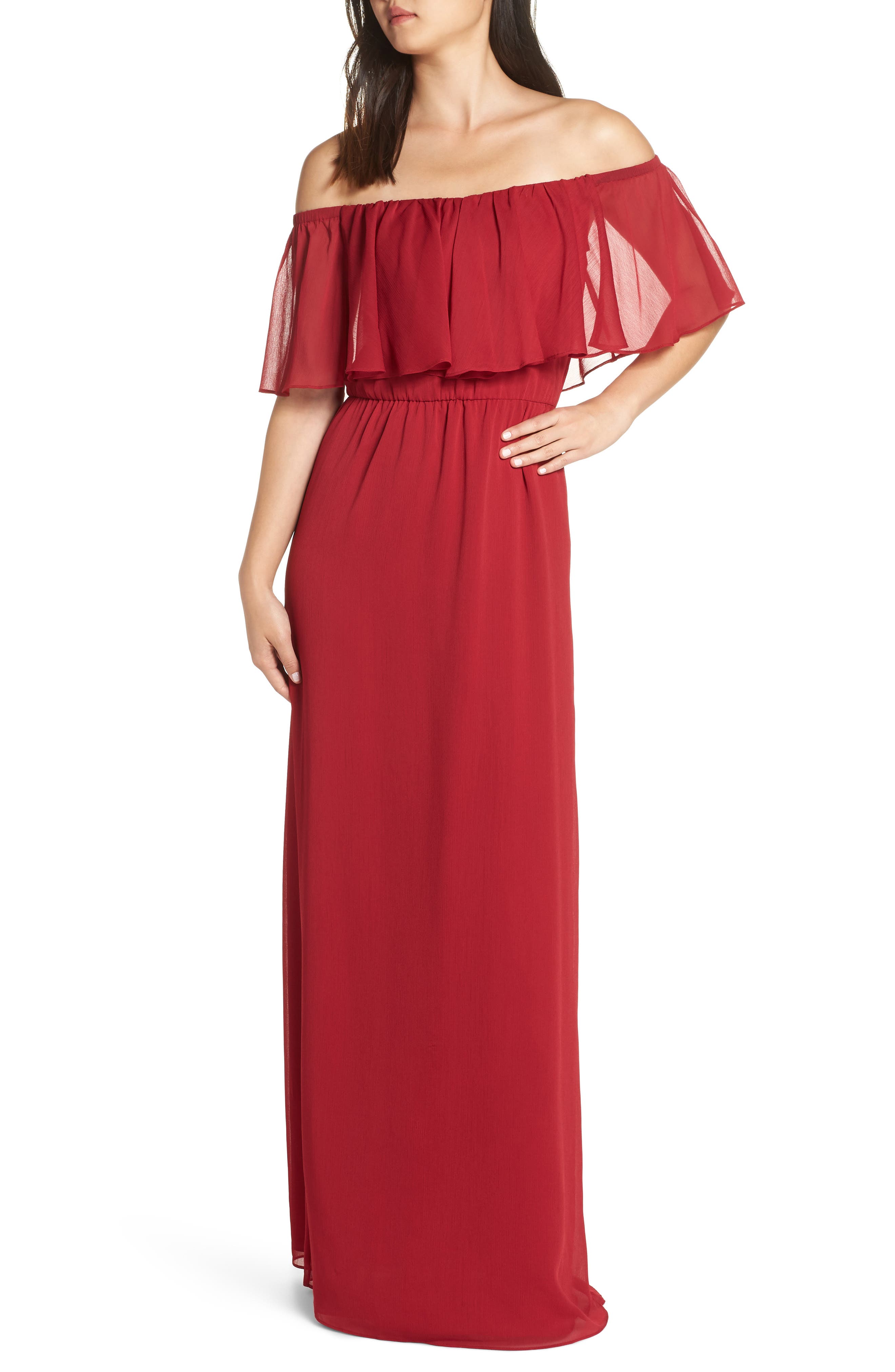 Wayf Off The Shoulder Ruffle Popover Gown, Red