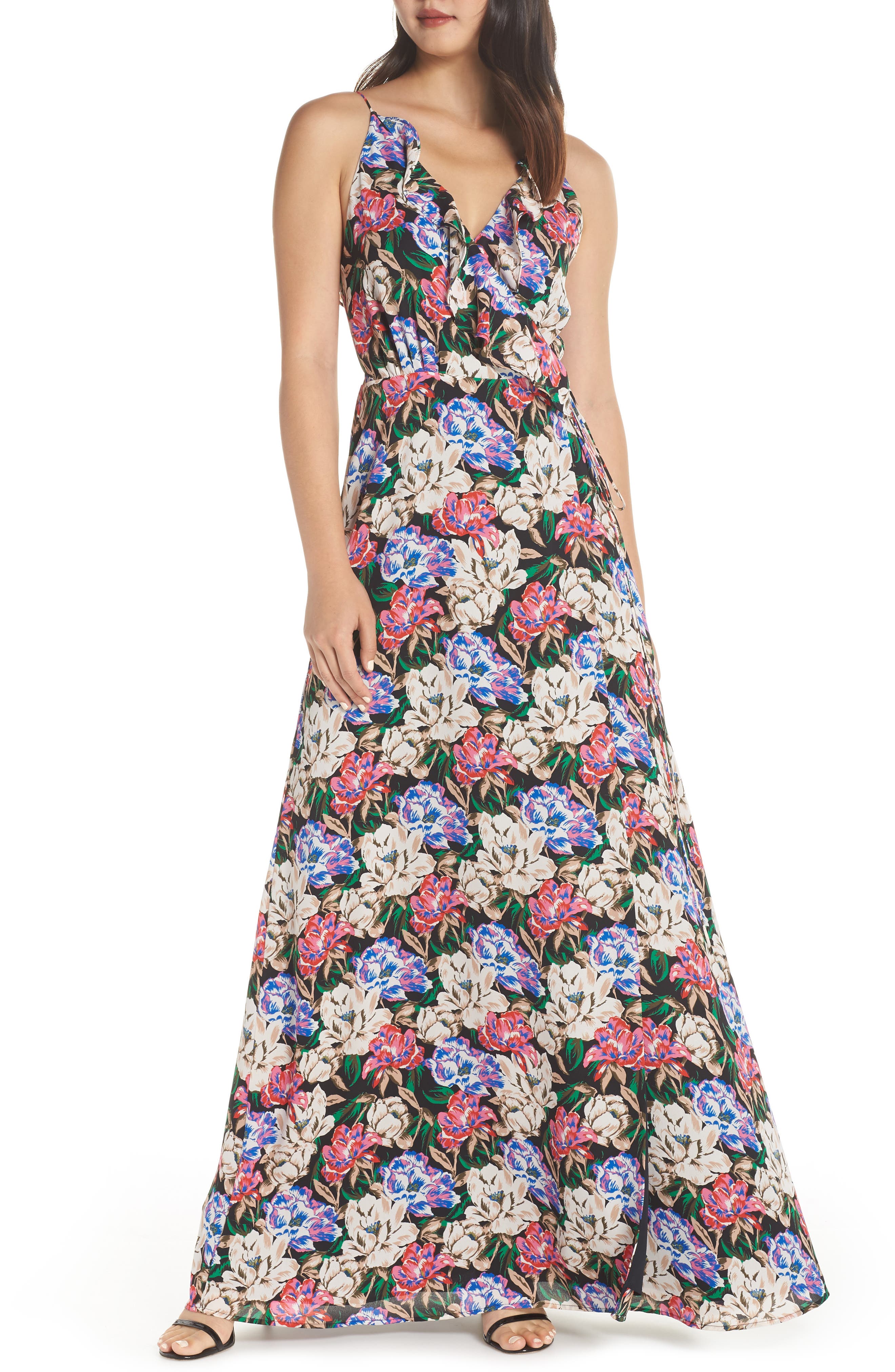 Wayf Jamie Ruffle Wrap Gown, Blue