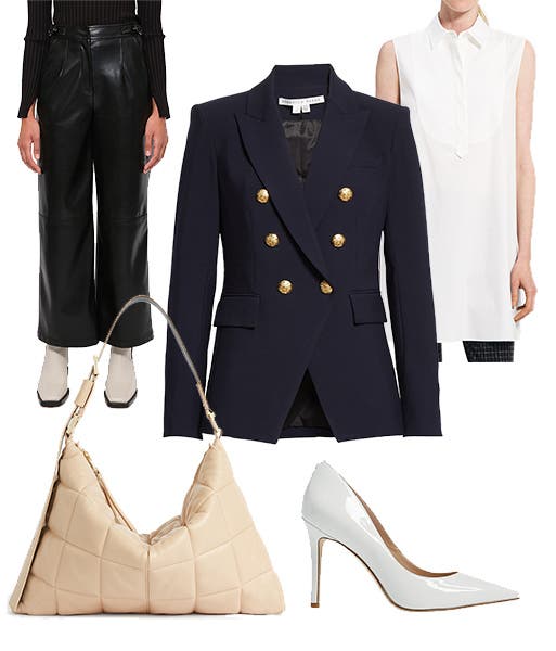 Tailored clothing, shoes and handbag.