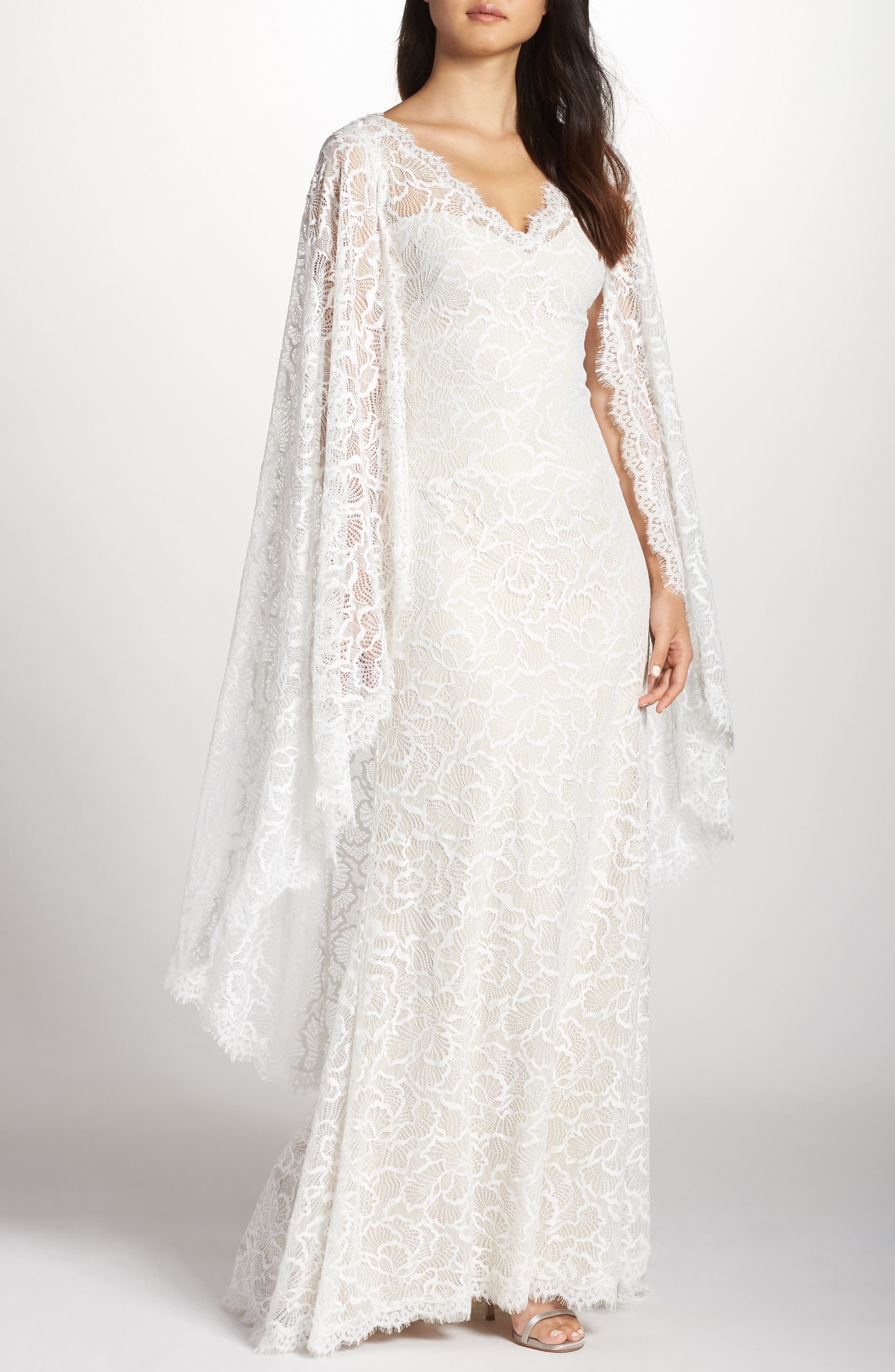Tadashi Shoji Cape Detail Lace Gown, Ivory