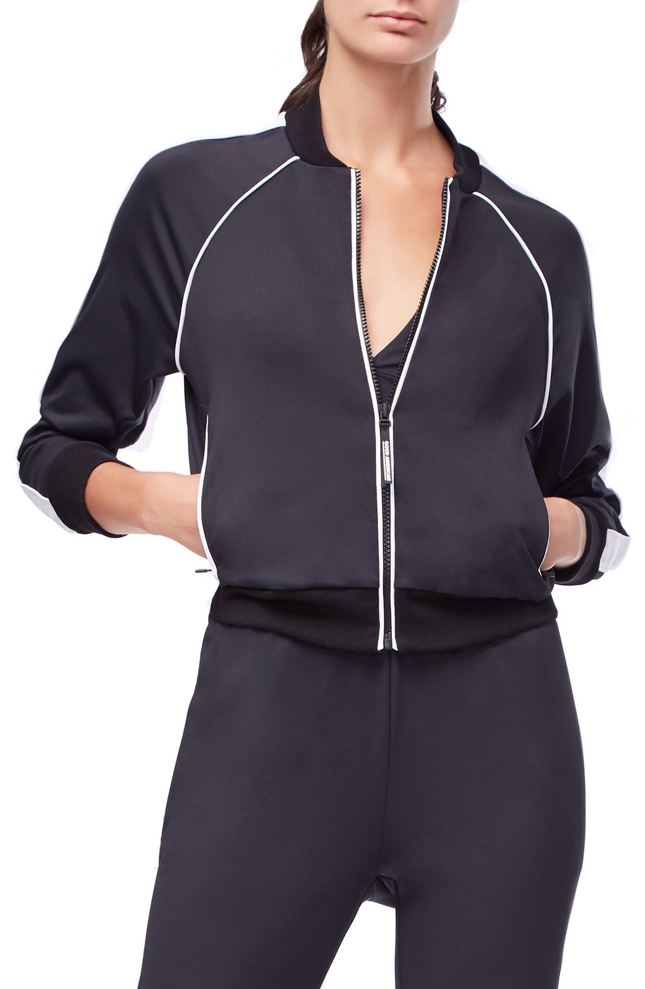 Plus Size Good American Piped Bomber Jacket, Black