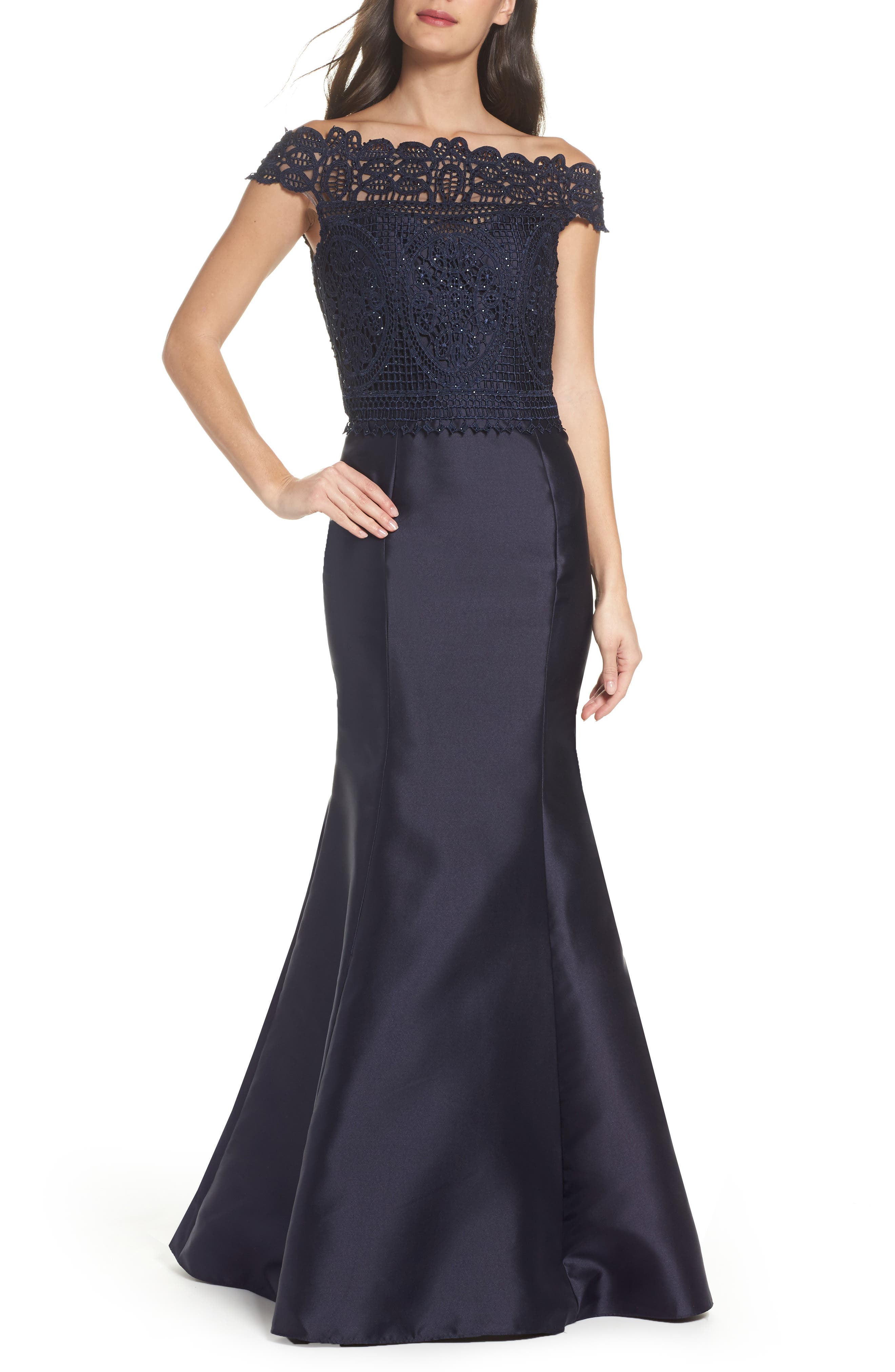 La Femme Lace & Twill Mermaid Gown, Blue