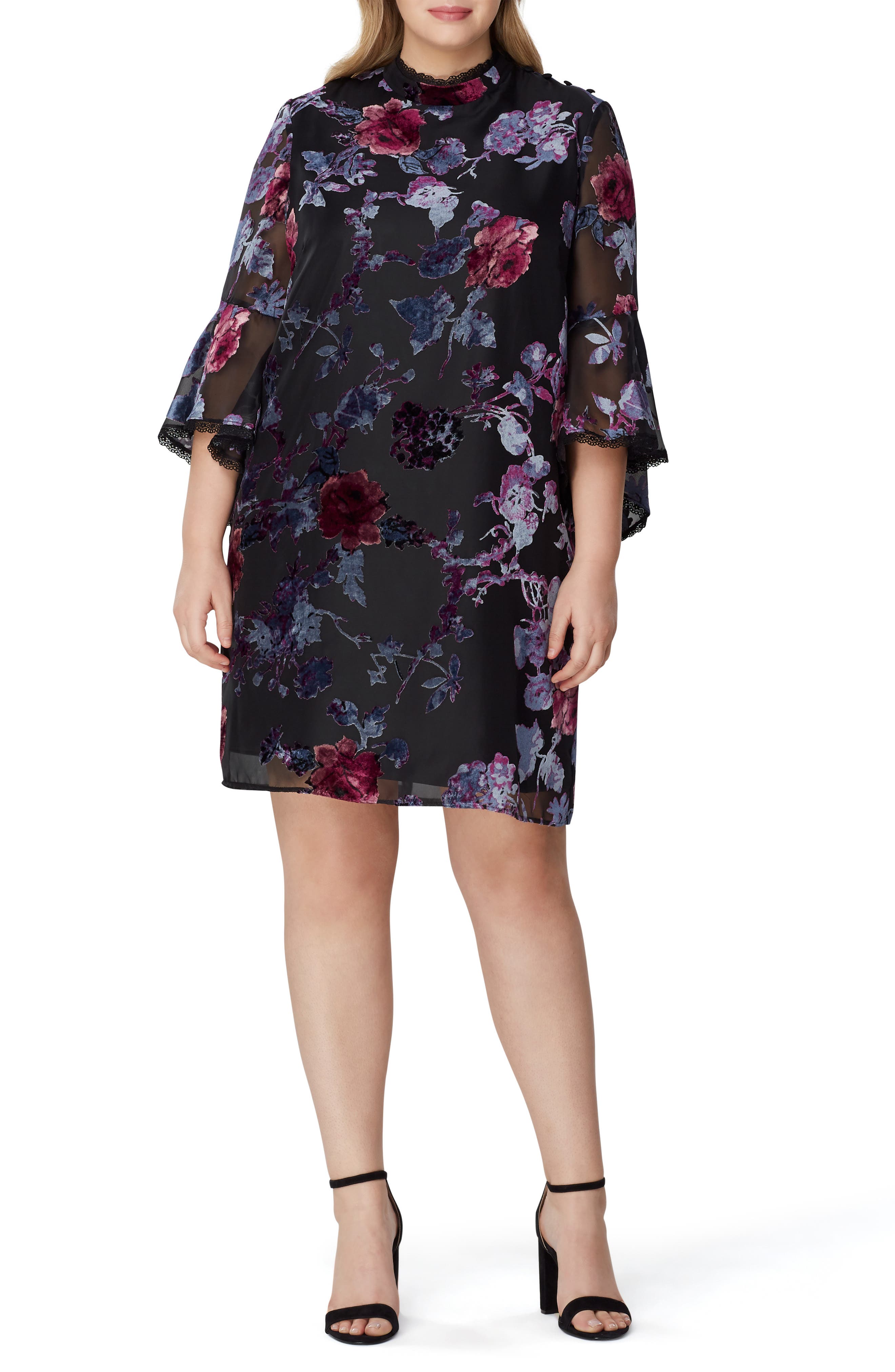 Plus Size Tahari Floral Burnout Bell Sleeve Shift Dress, Black