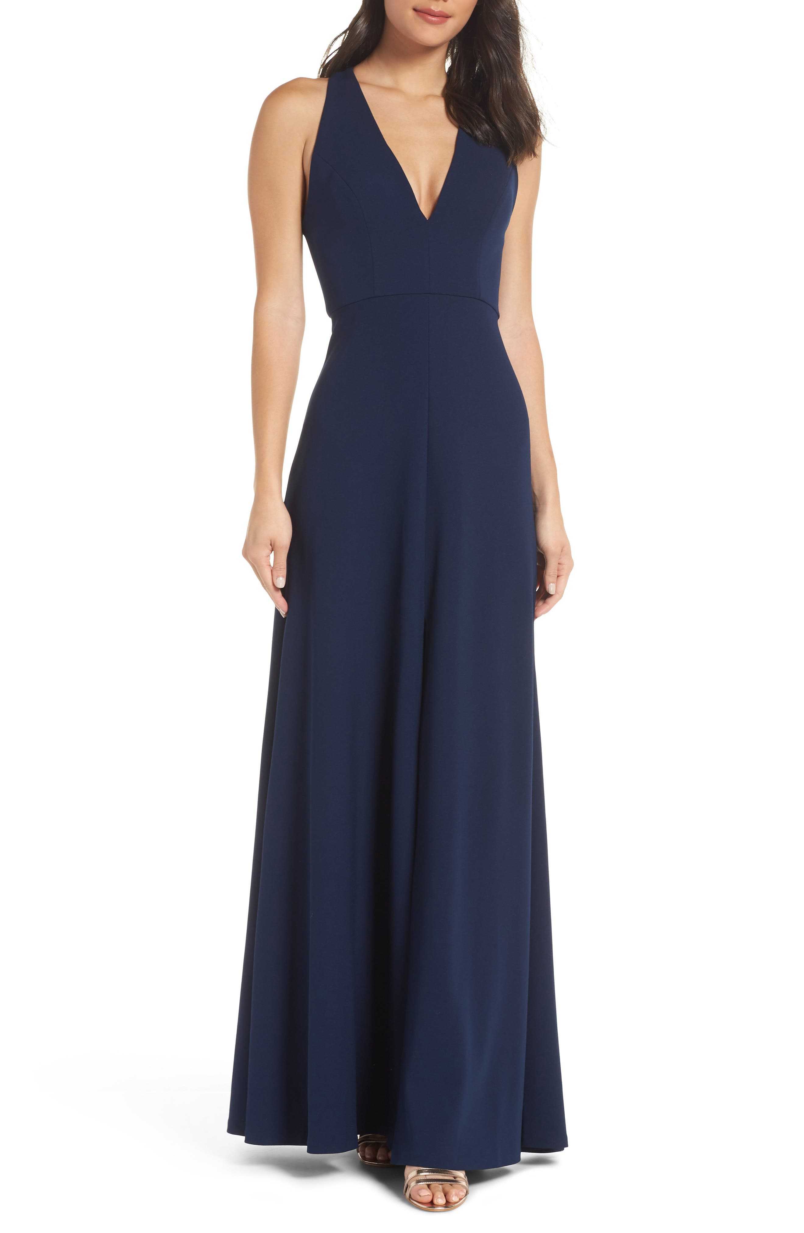 Jenny Yoo Margot V-Neck Knit Crepe Gown, Blue