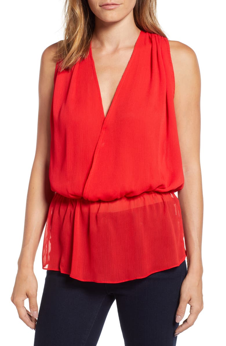 Faux Wrap Blouson Top, Main, color, TANGERINE HEAT