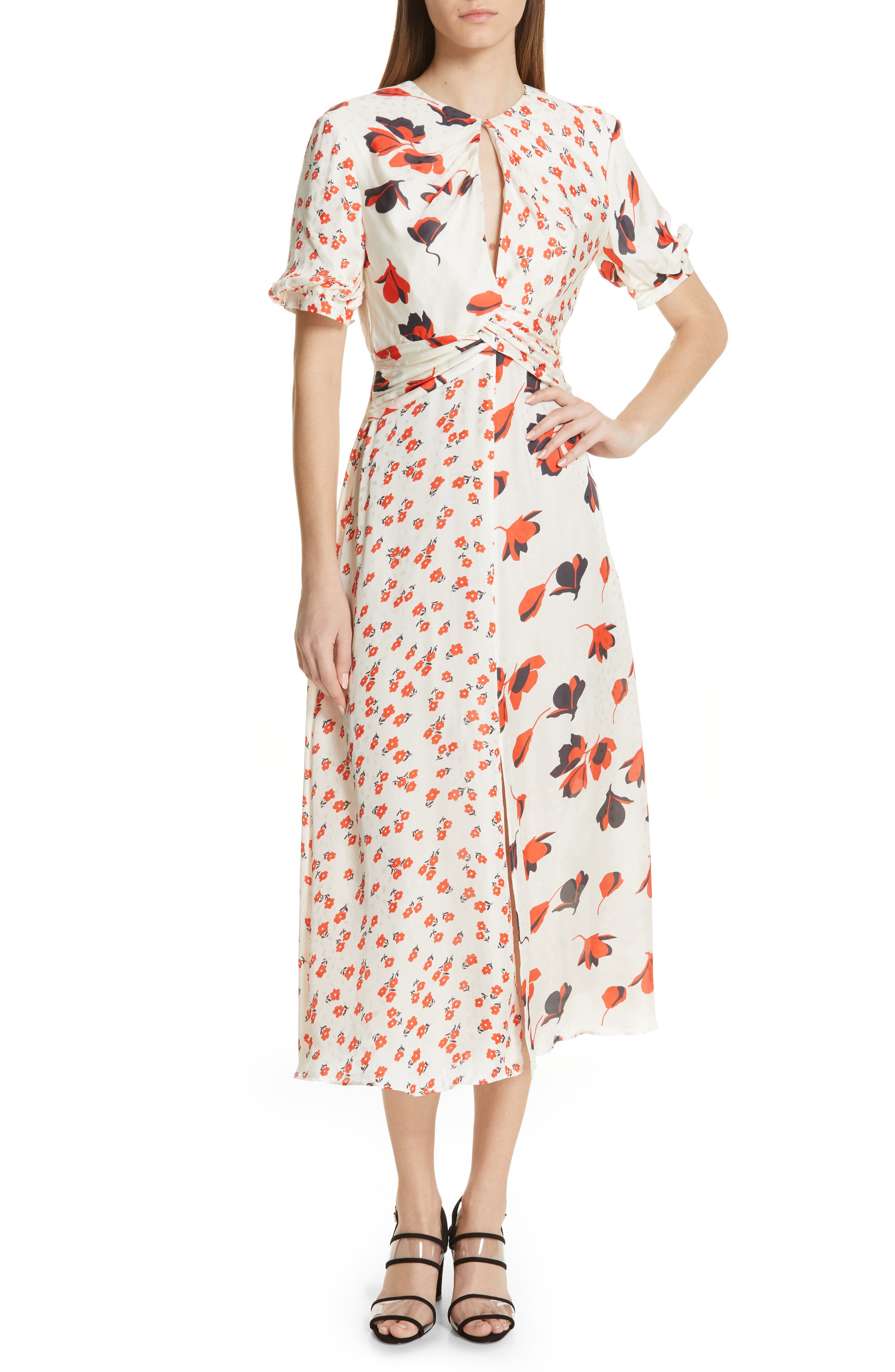 Self-Portrait Mixed Floral Print Midi Dress, Ivory