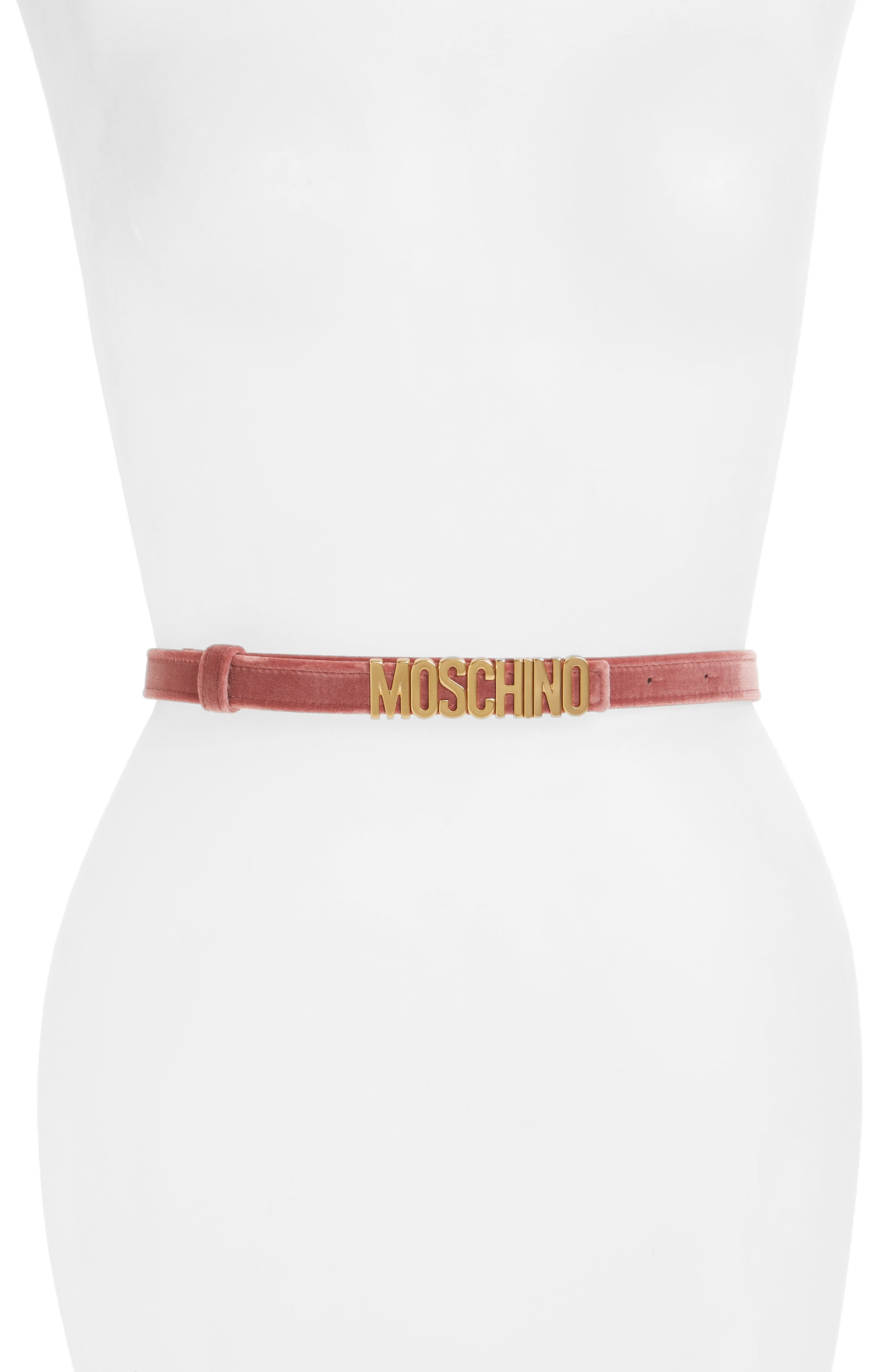 Moschino Logo Plate Skinny Velvet Belt, Rose Pink With Gold