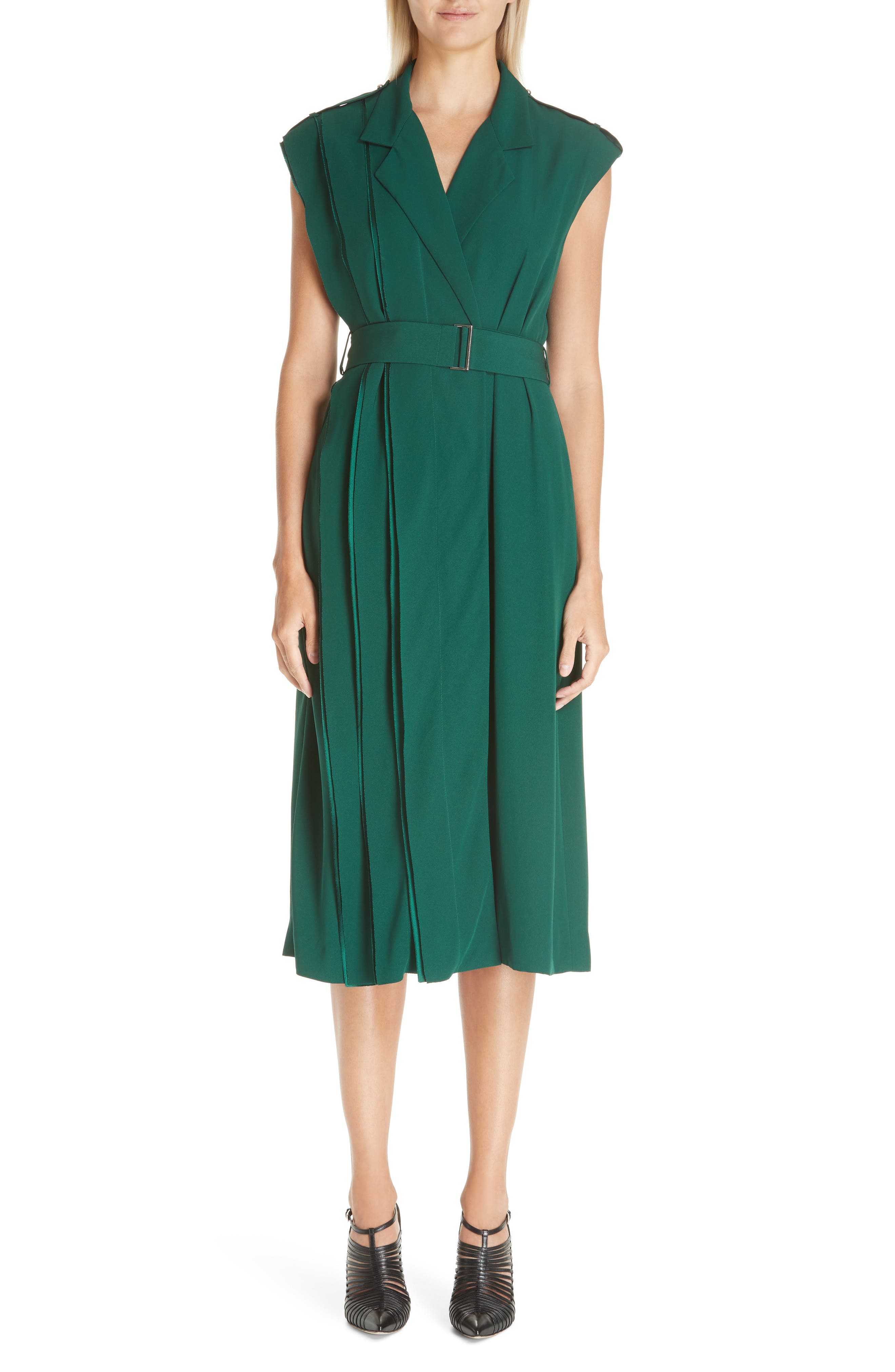Jason Wu Belted Crepe Back Satin Midi Dress, Green