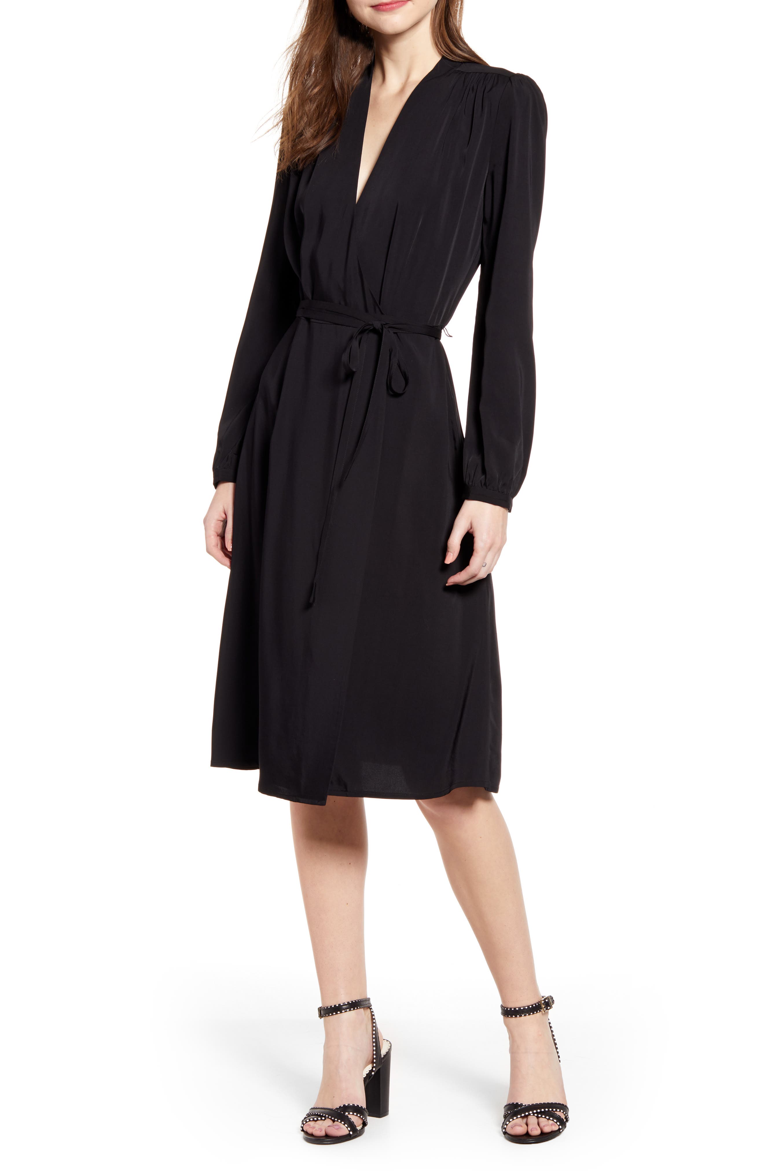 Chelsea28 Long Sleeve Midi Wrap Dress, Black