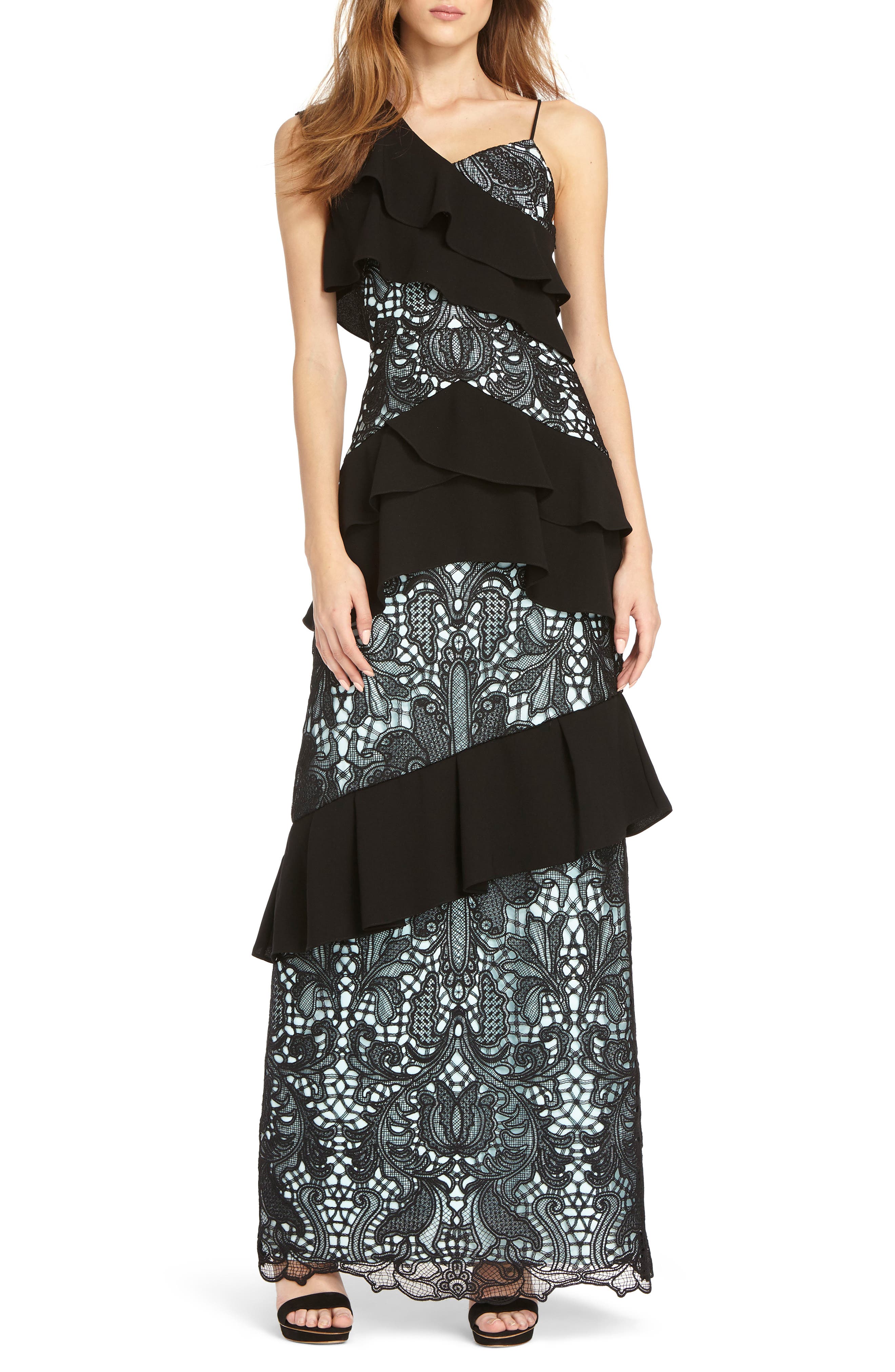 Ml Monique Lhuillier Crepe & Lace Mixed Gown, Black