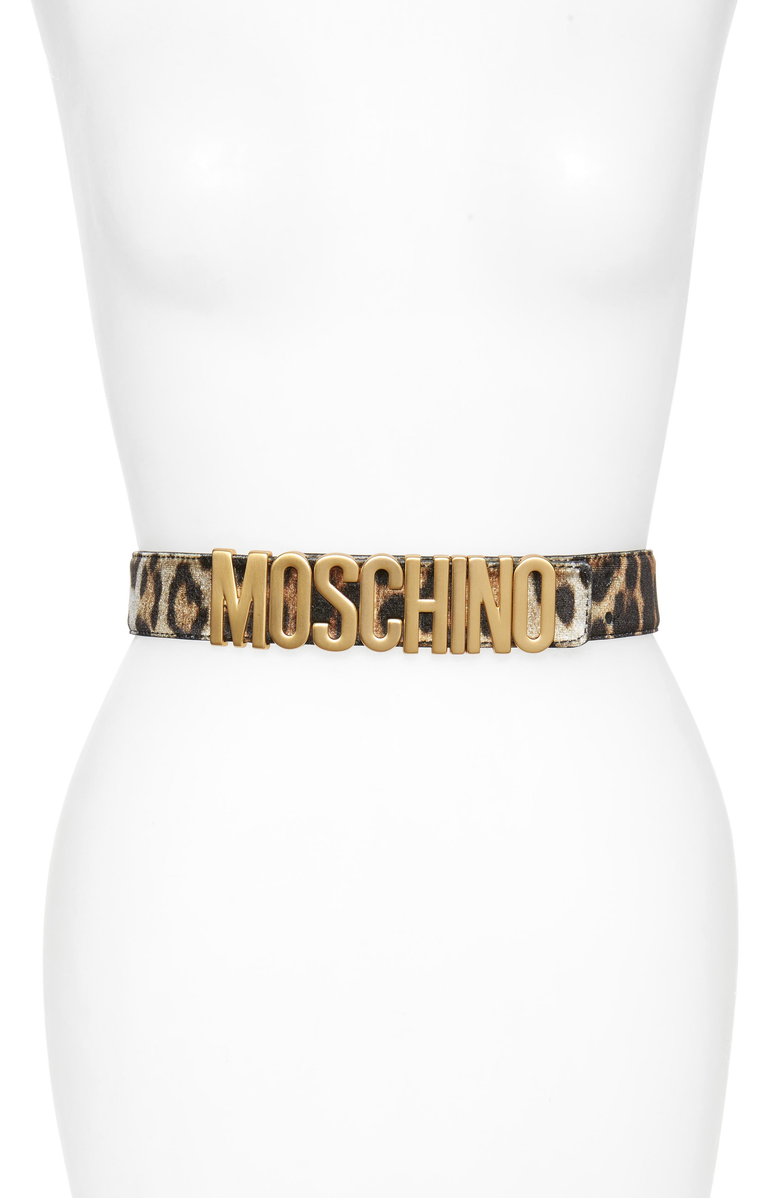 Moschino Logo Plate Leopard Print Velvet Belt, Gold/ Leopard