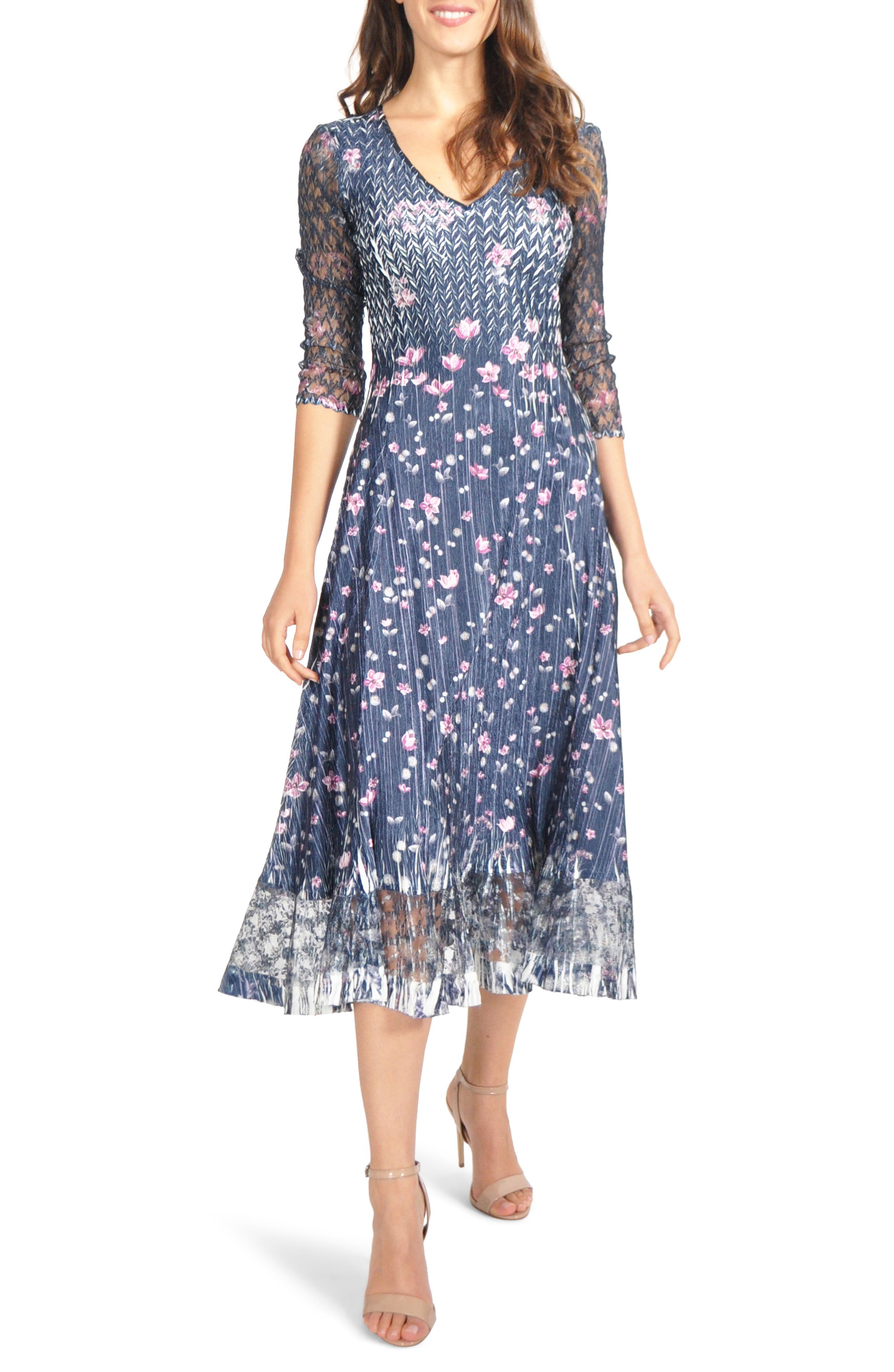 Petite Komarov Lace Sleeve Charmeuse Midi Dress, Blue