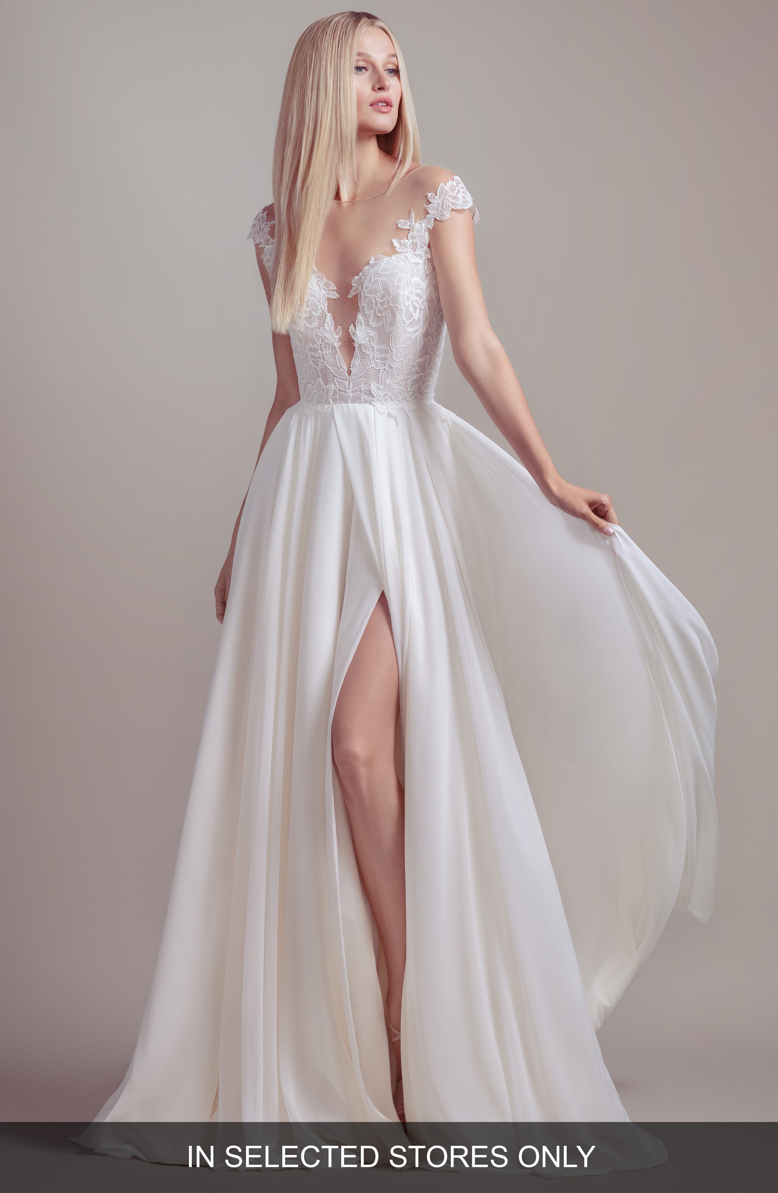 Blush By Hayley Paige Soleil Lace Bodice Off The Shoulder Wedding Dress, Size IN STORE ONLY - Ivory