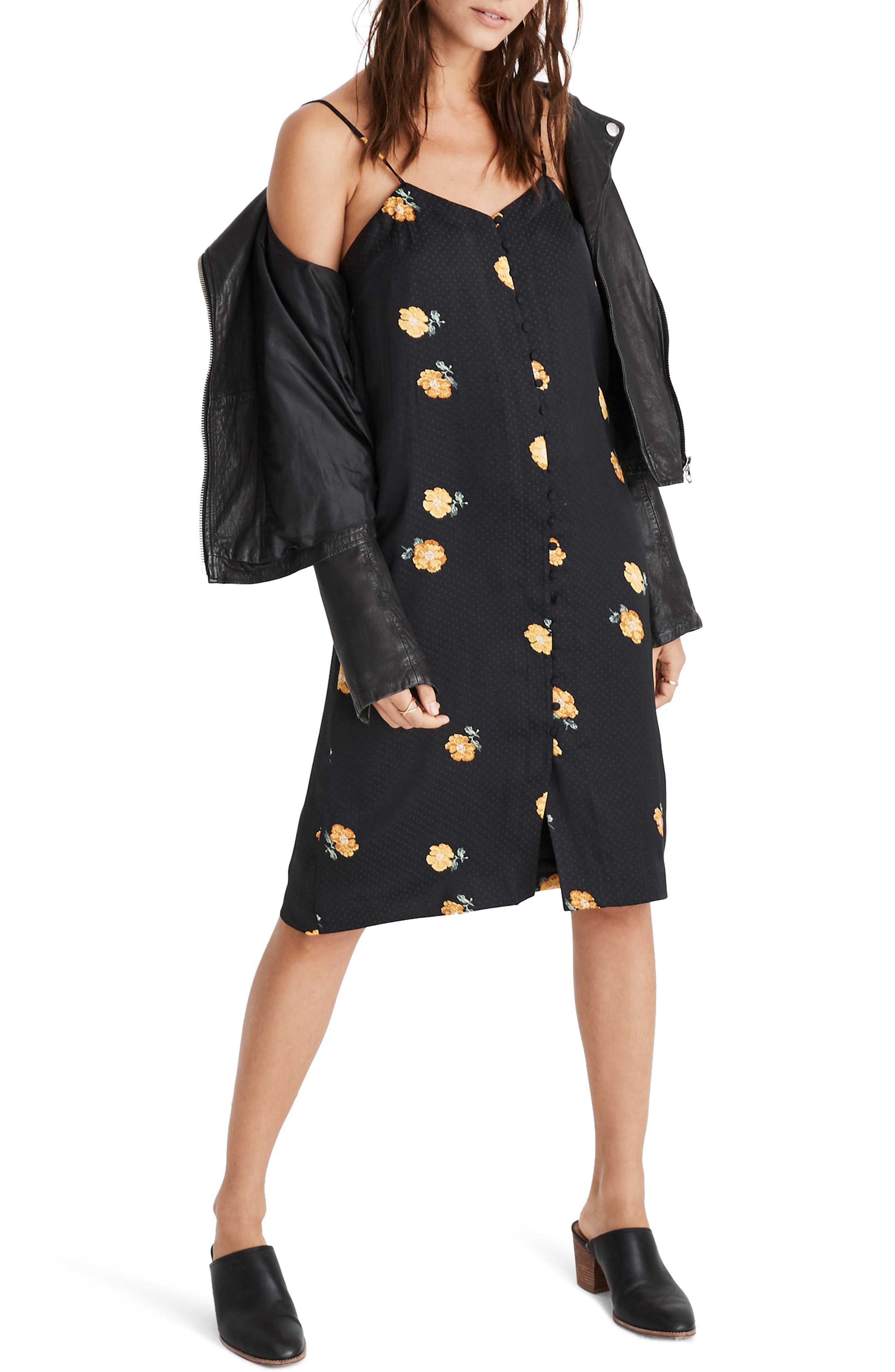 Madewell Floating Florets Button Front Slipdress, Black