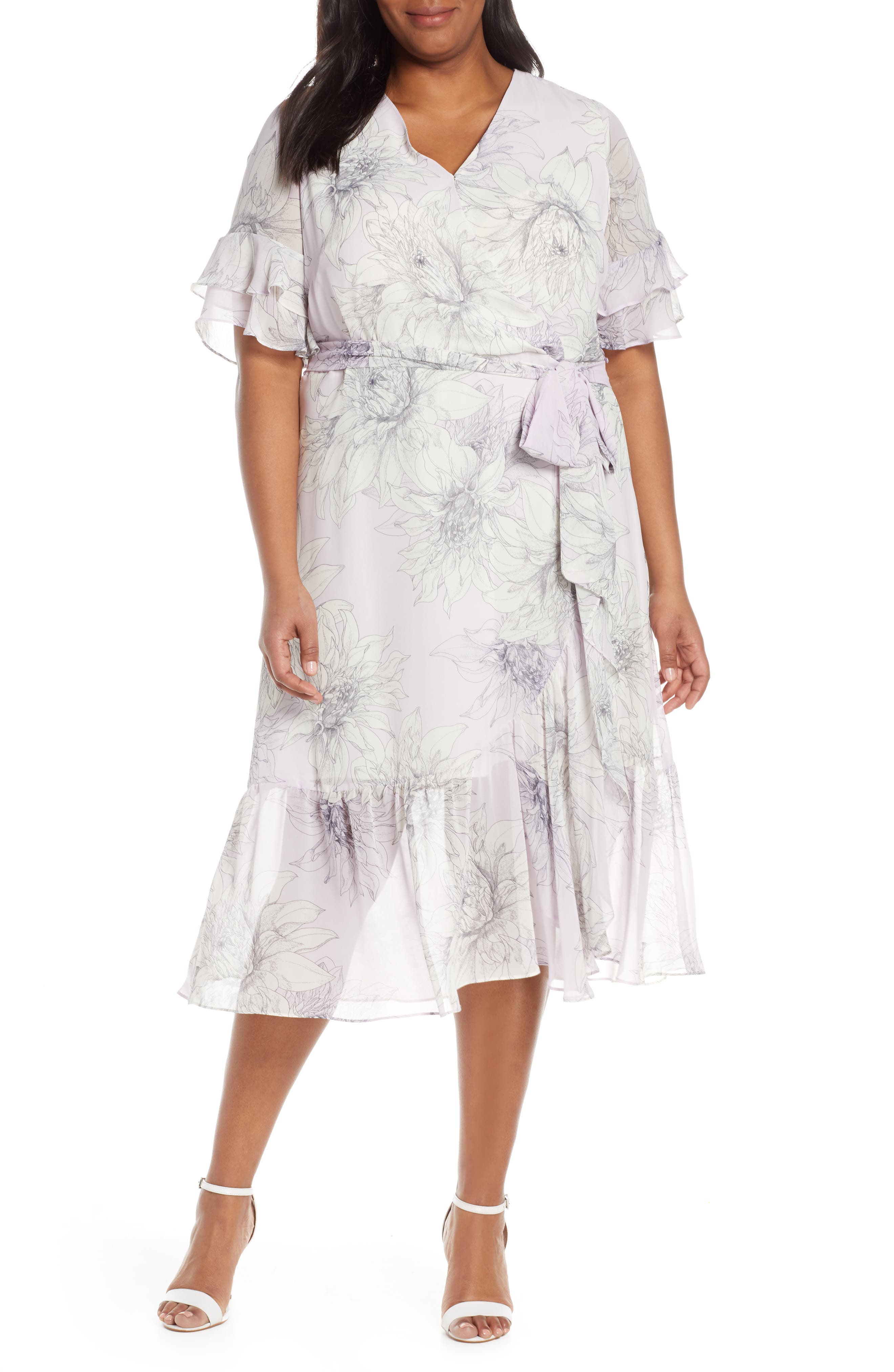 Plus Size Vince Camuto Blossoms Tiered Ruffle Sleeve Faux Wrap Dress, Purple