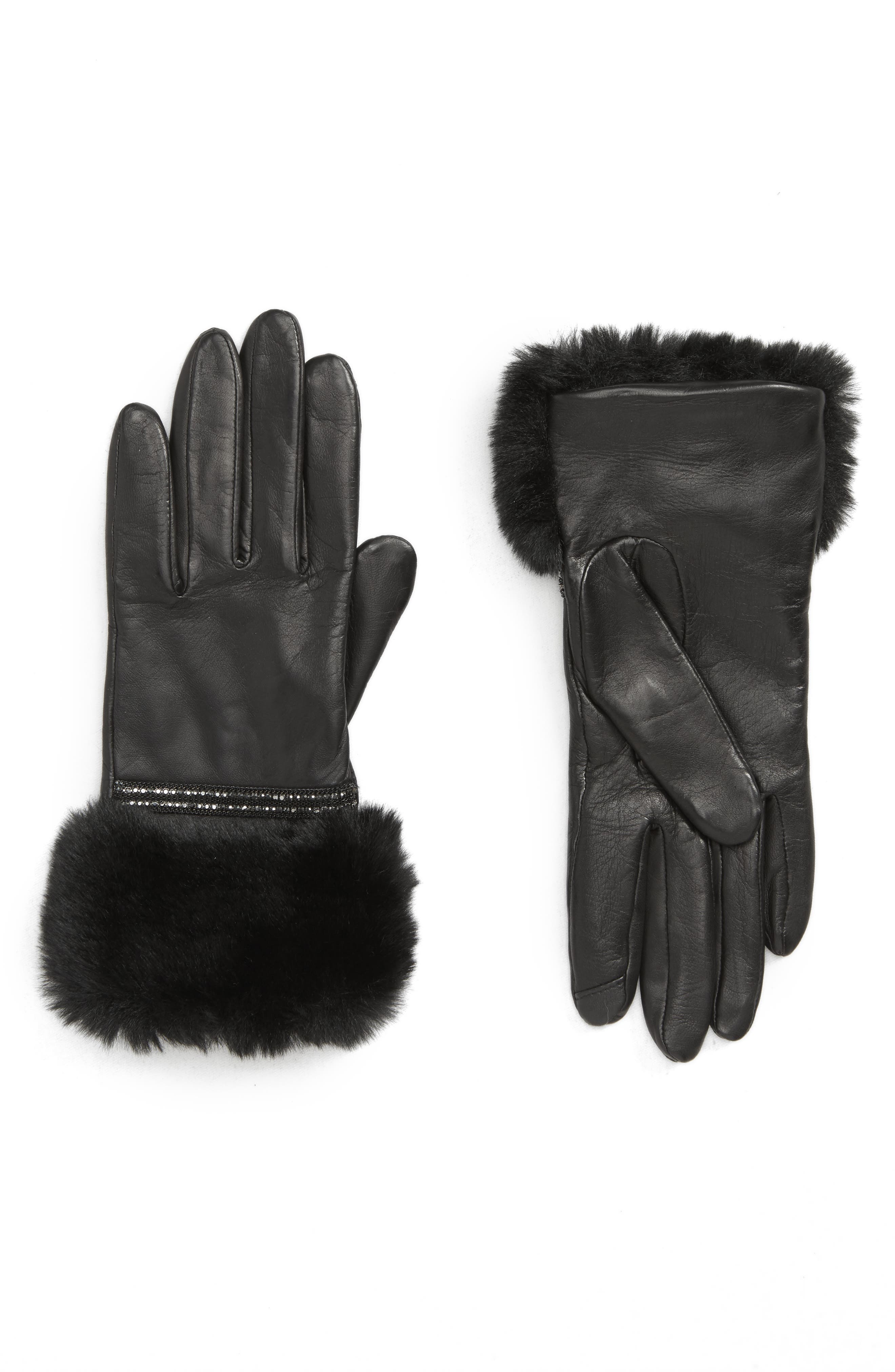 Badgley Mischka Faux Fur Trim Leather Touchscreen Gloves, Black