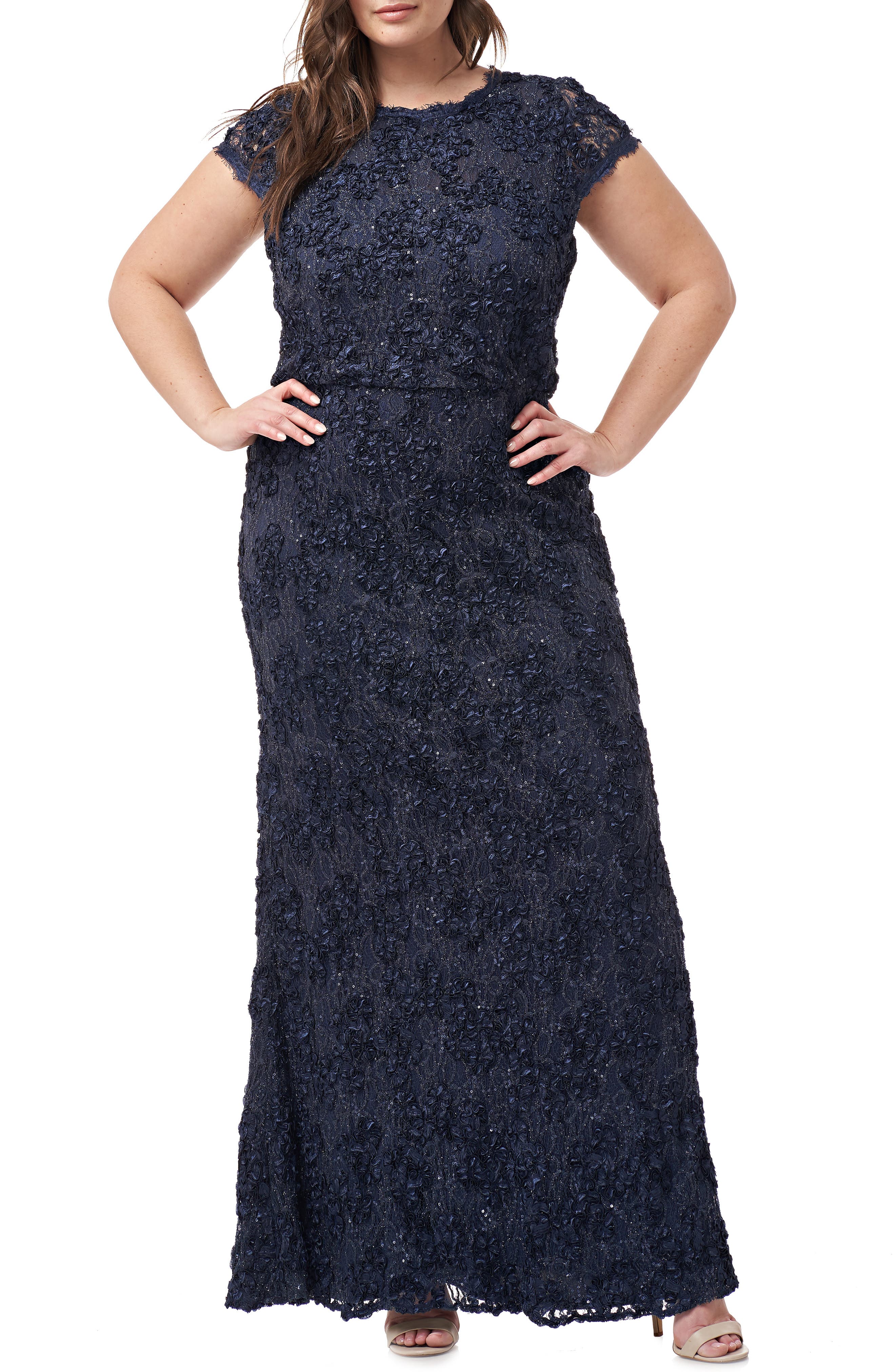 Plus Size Js Collections Sequin Lace Blouson Gown, Blue