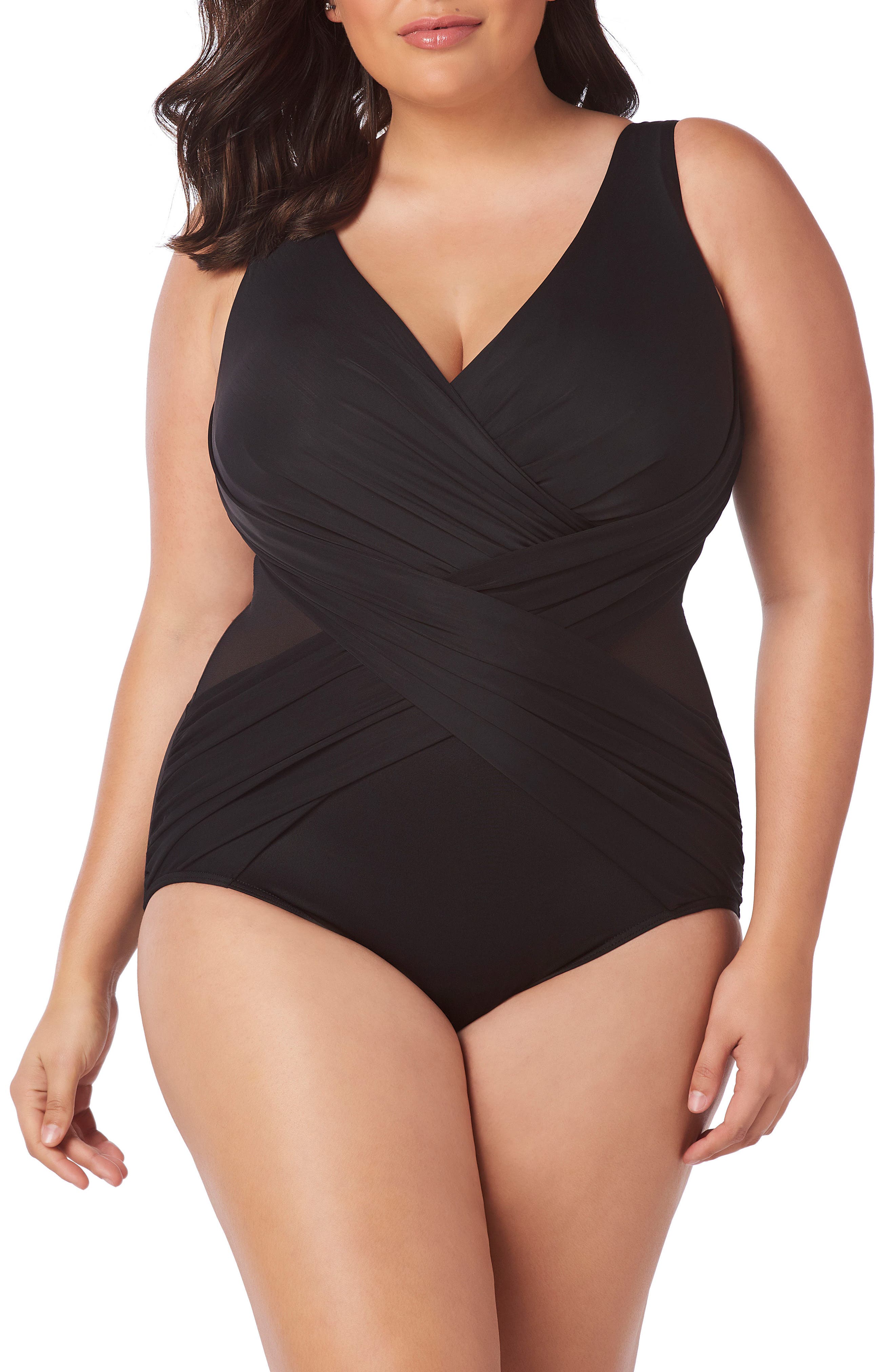 Plus Size Miraclesuit Illusionist Crossover One-Piece Swimsuit, Black