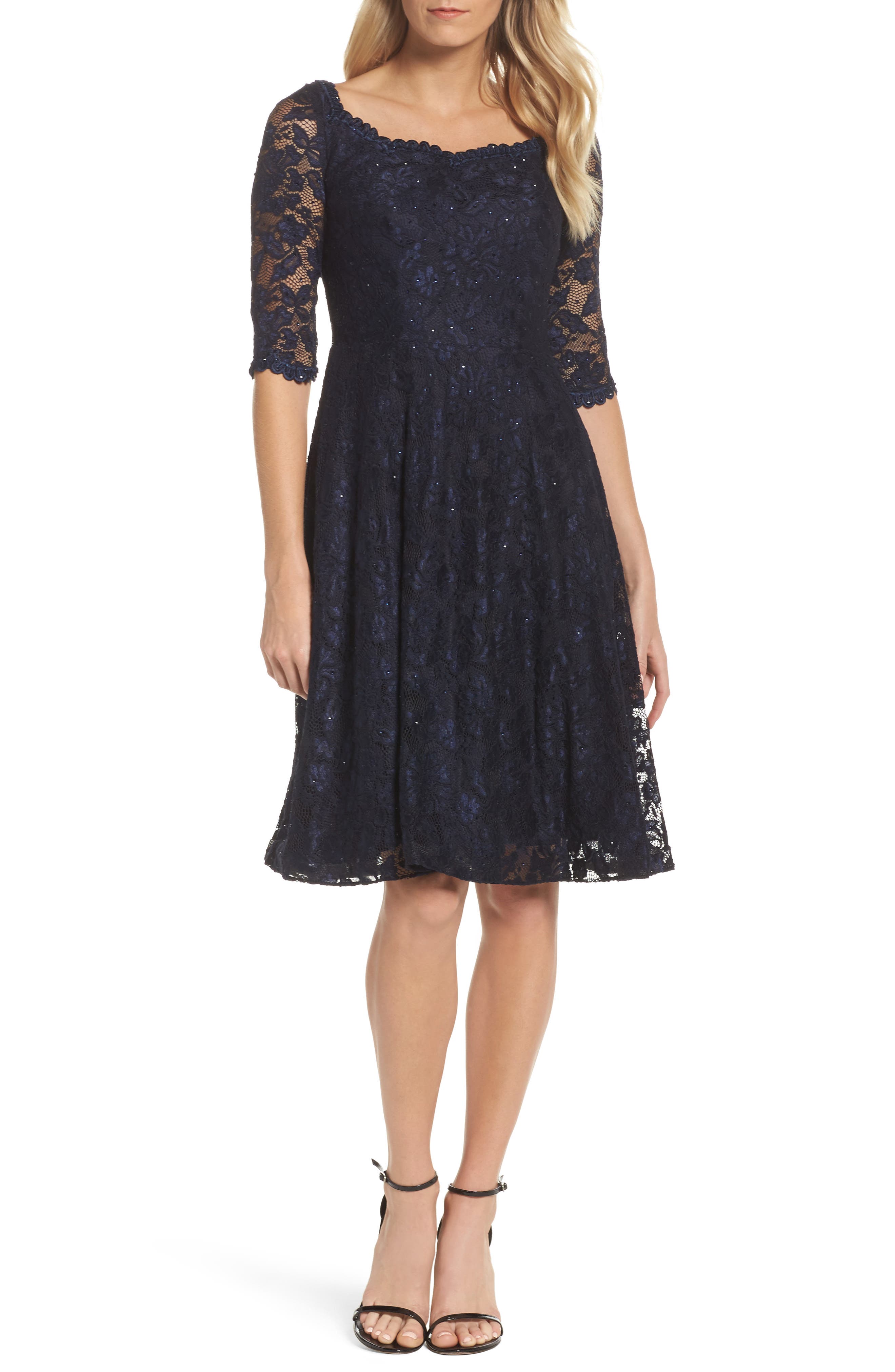 La Femme Fit & Flare Lace Dress, Blue