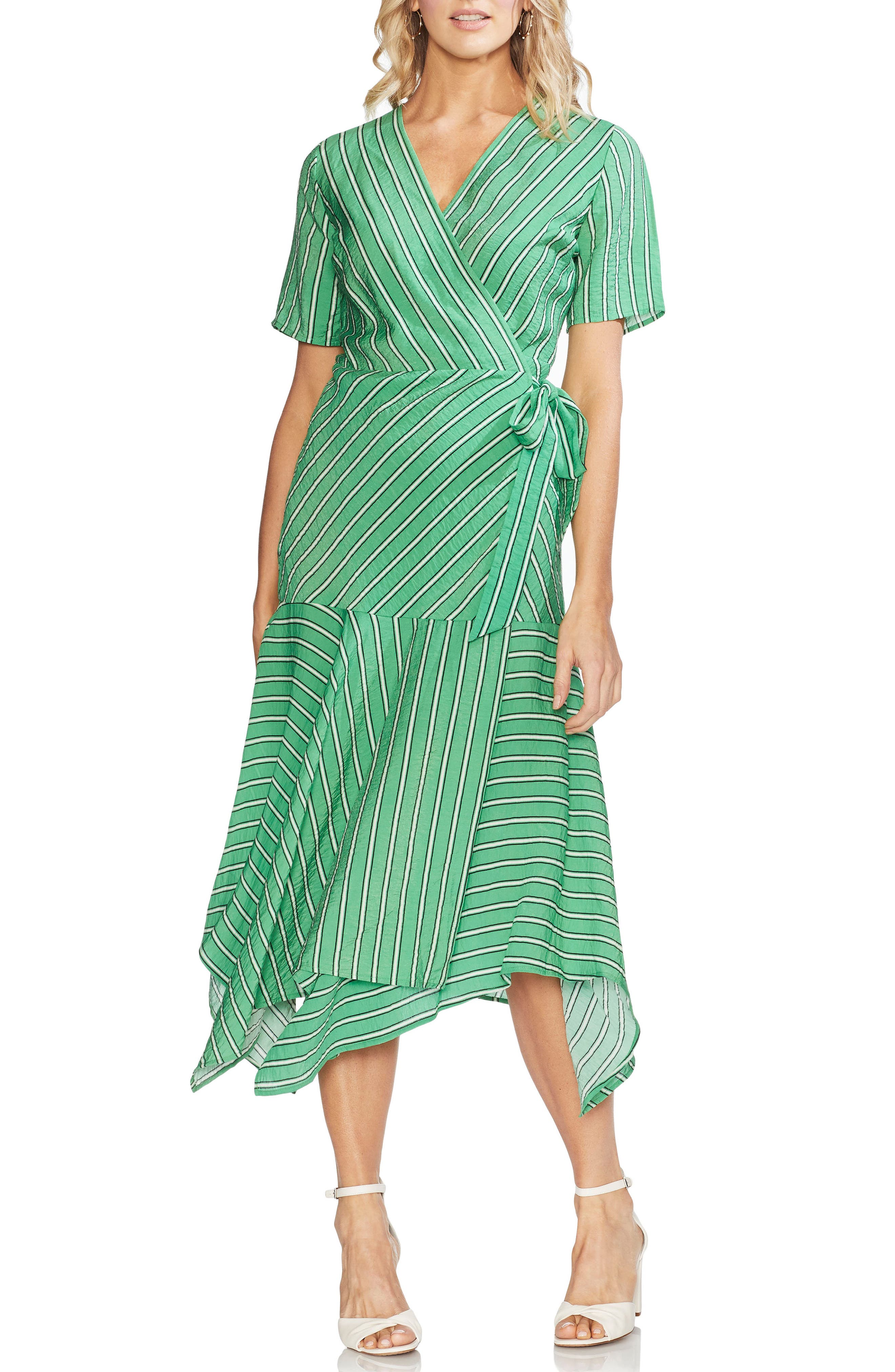 VINCE CAMUTO Playful Stripe Wrap Dress, Main, color, EMERALD LEAF