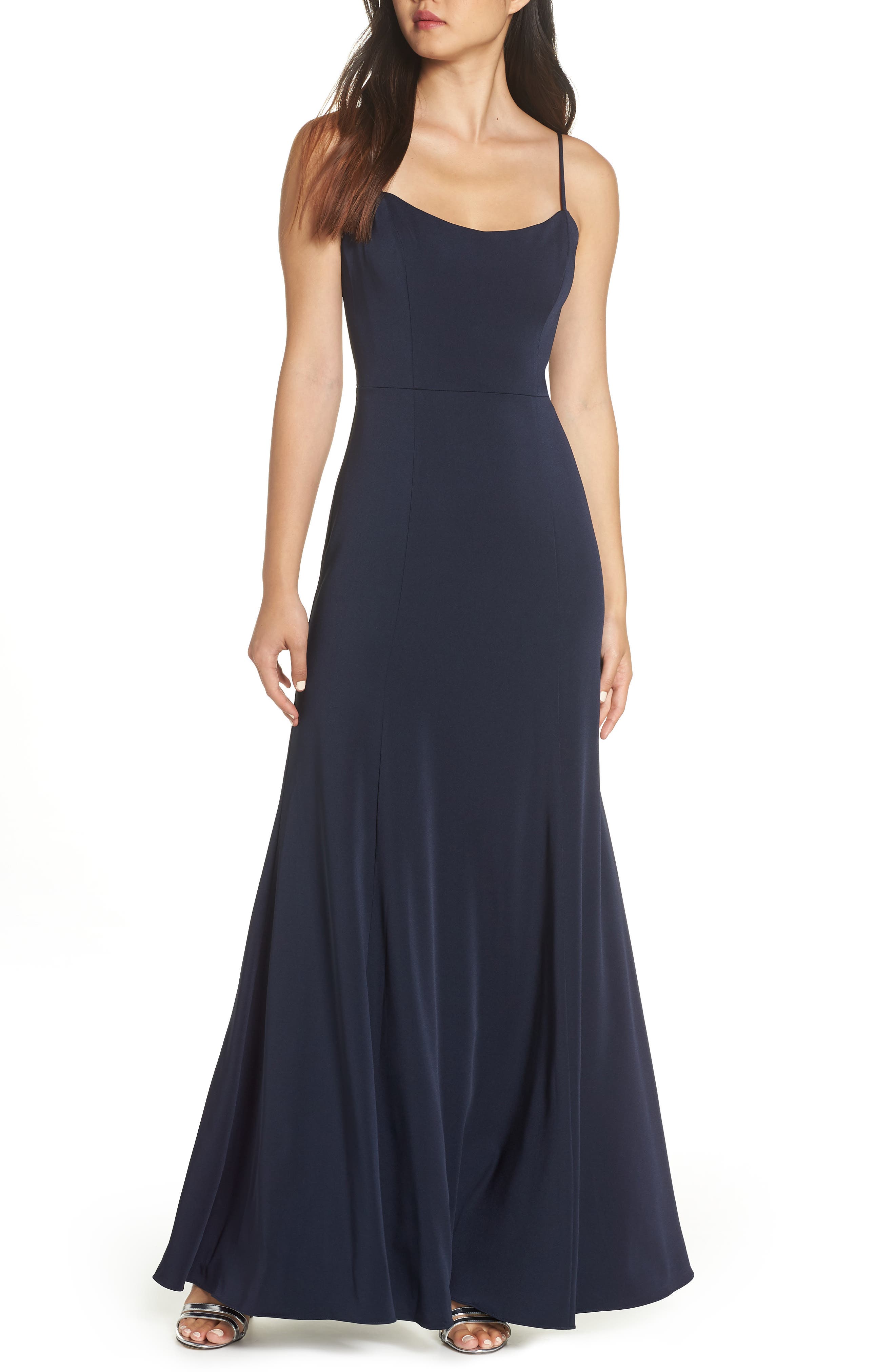 Jenny Yoo Aniston Luxe Crepe Trumpet Gown, Blue