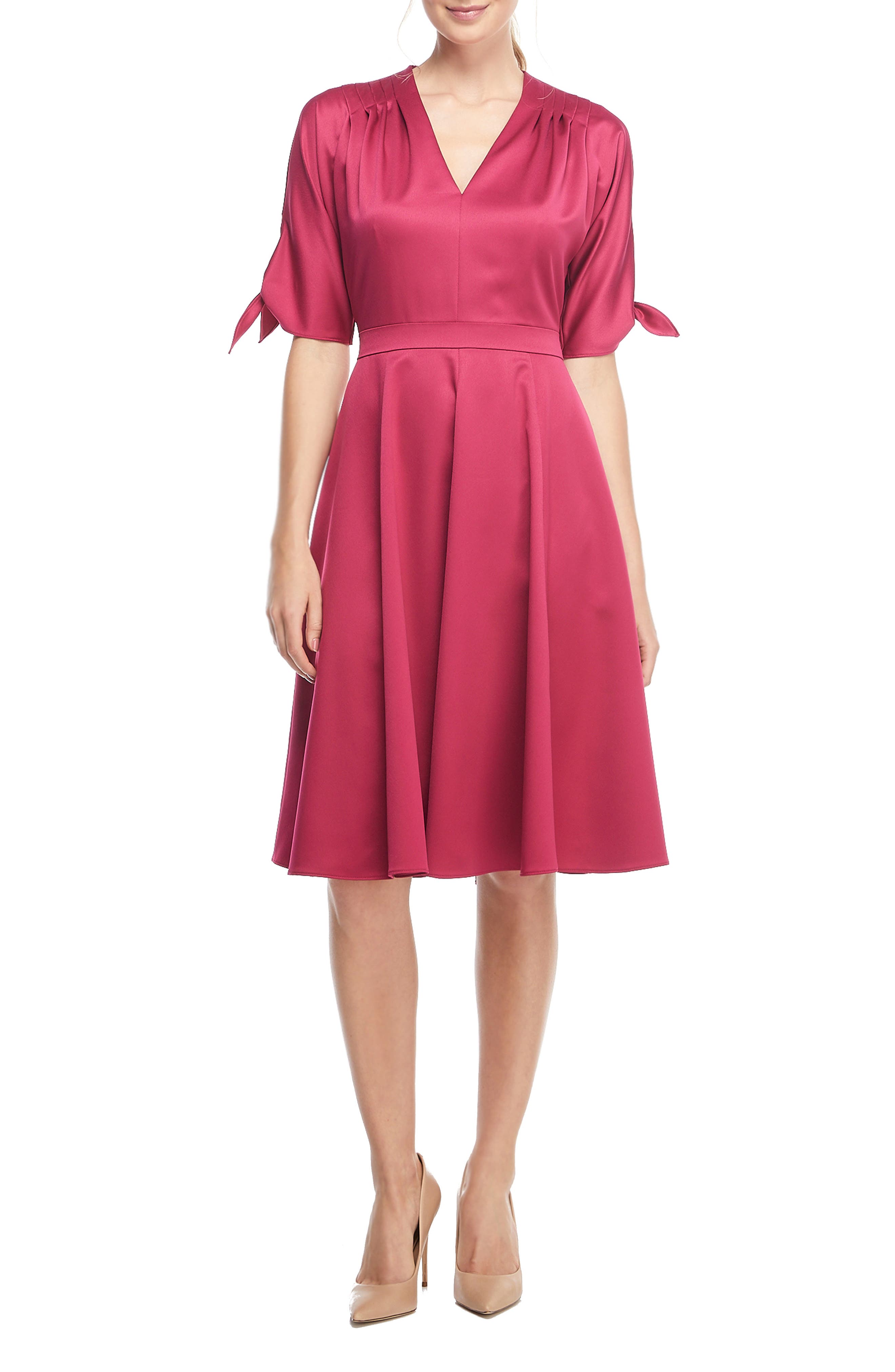 Gal Meets Glam Collection Debbie Butter Satin Fit & Flare Dress, Pink