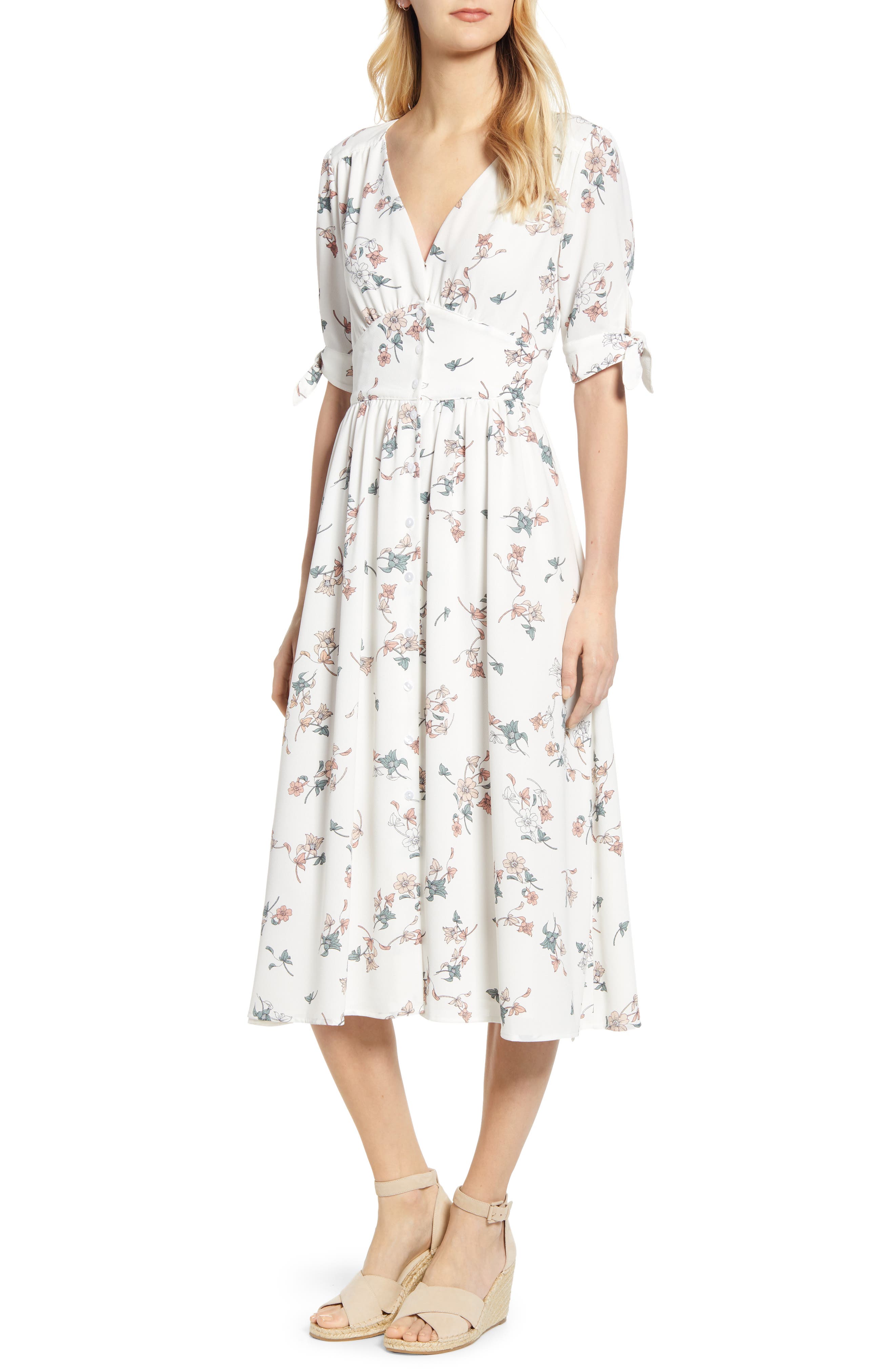 1.state Floral Belle Tie Sleeve Midi Dress, White