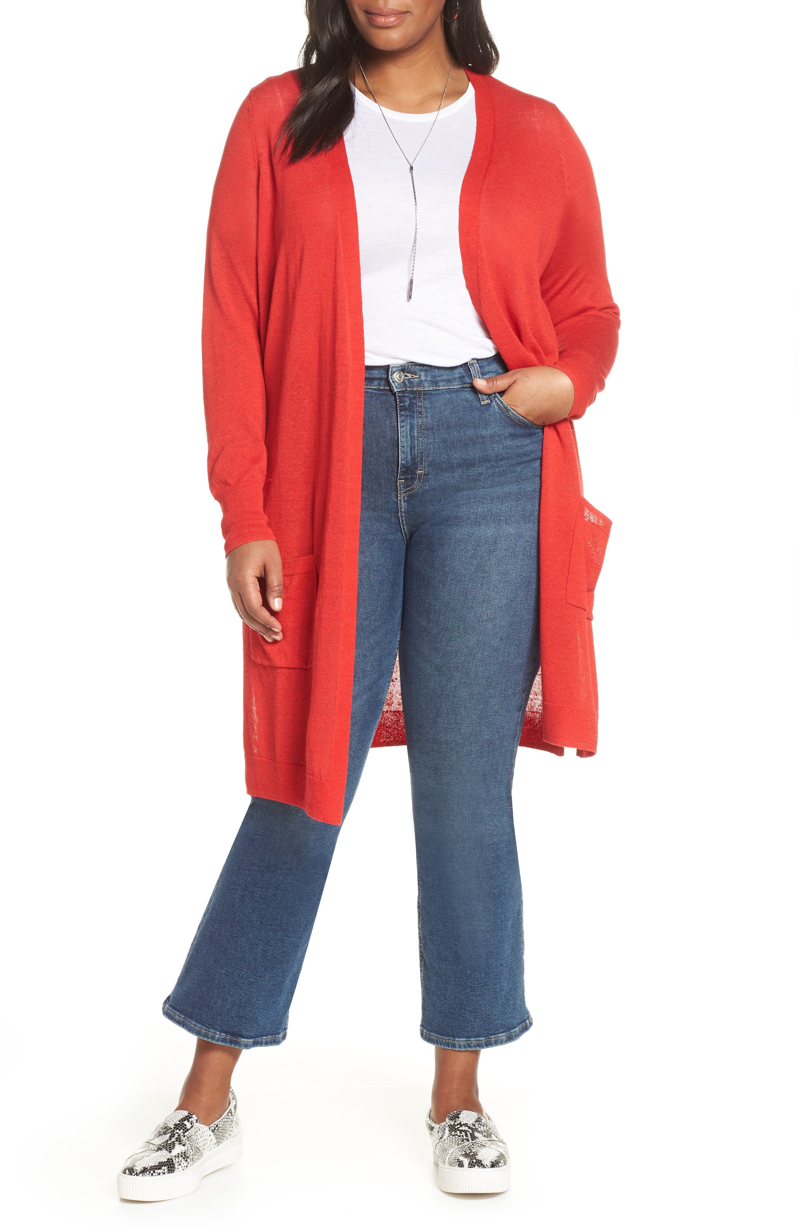 Plus Size Halogen Long Cardigan, Red