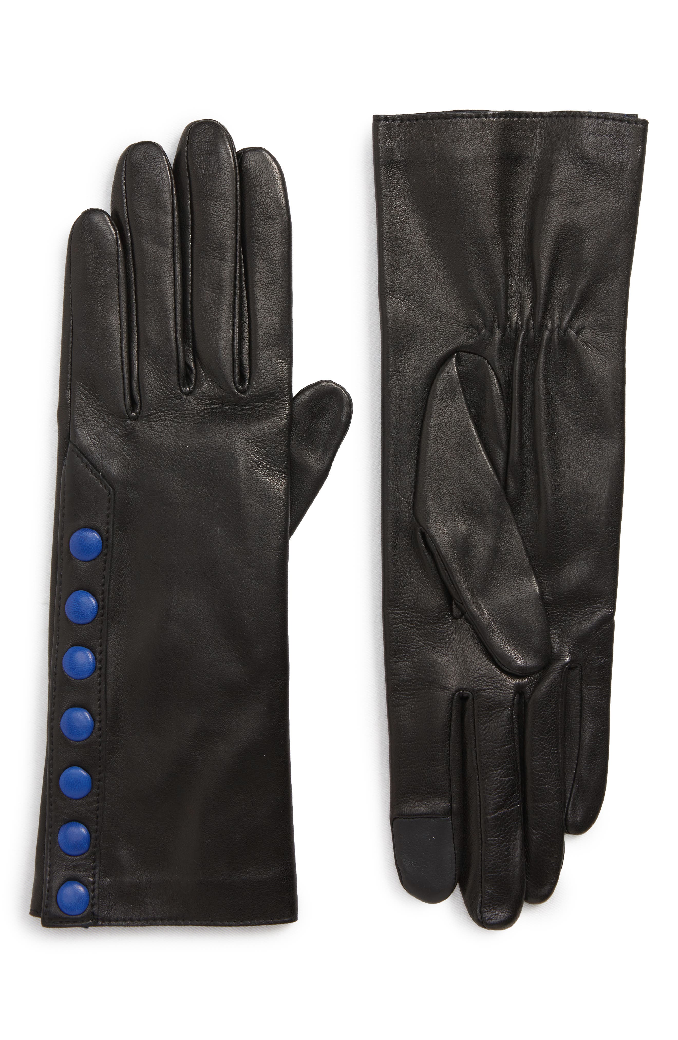 Agnelle Color Pop Button Lambskin Leather Gloves, Black