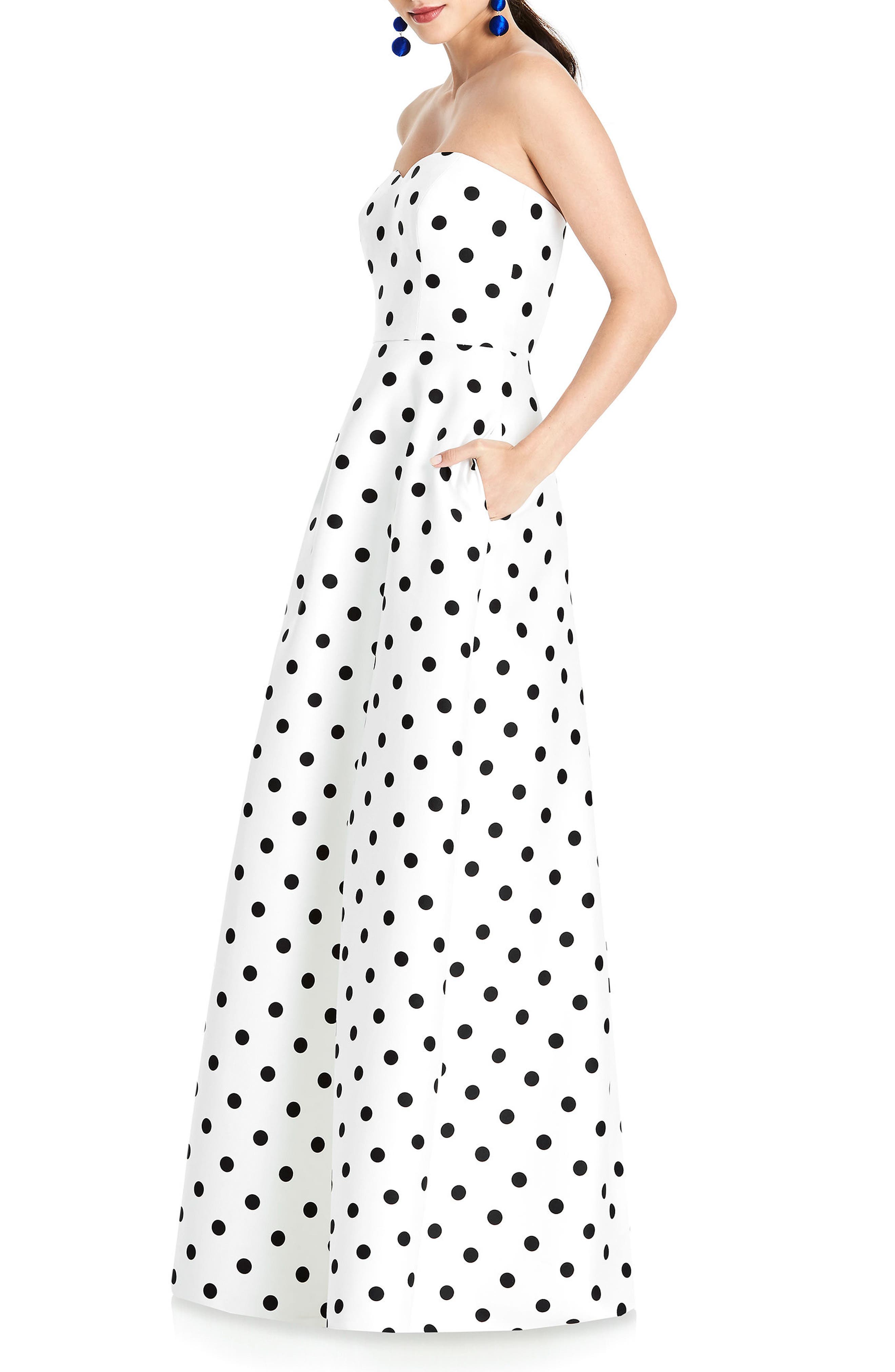 Alfred Sung Strapless Dot Sateen Gown, White
