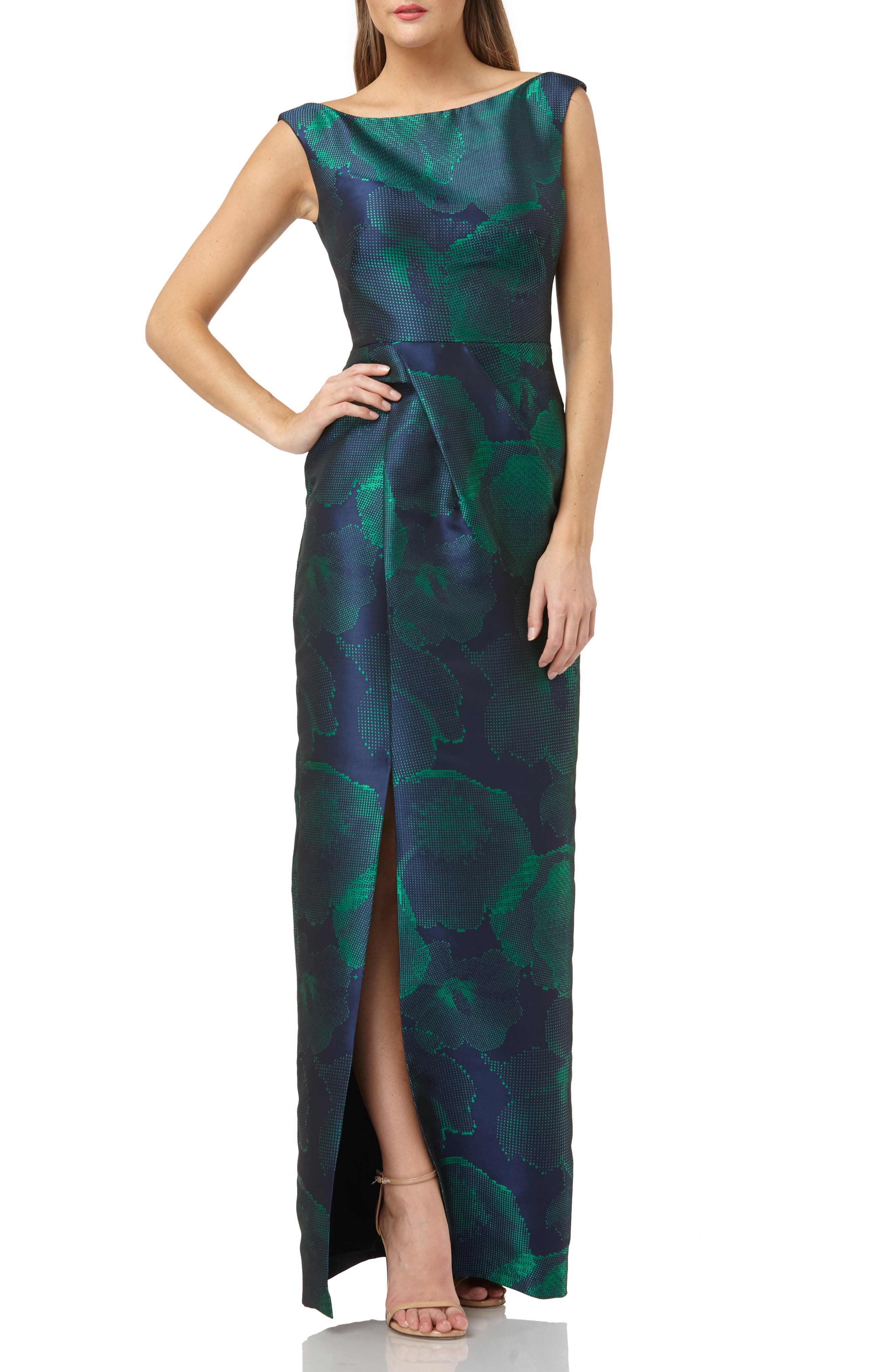 Kay Unger Bateau Jacquard Dress, Green