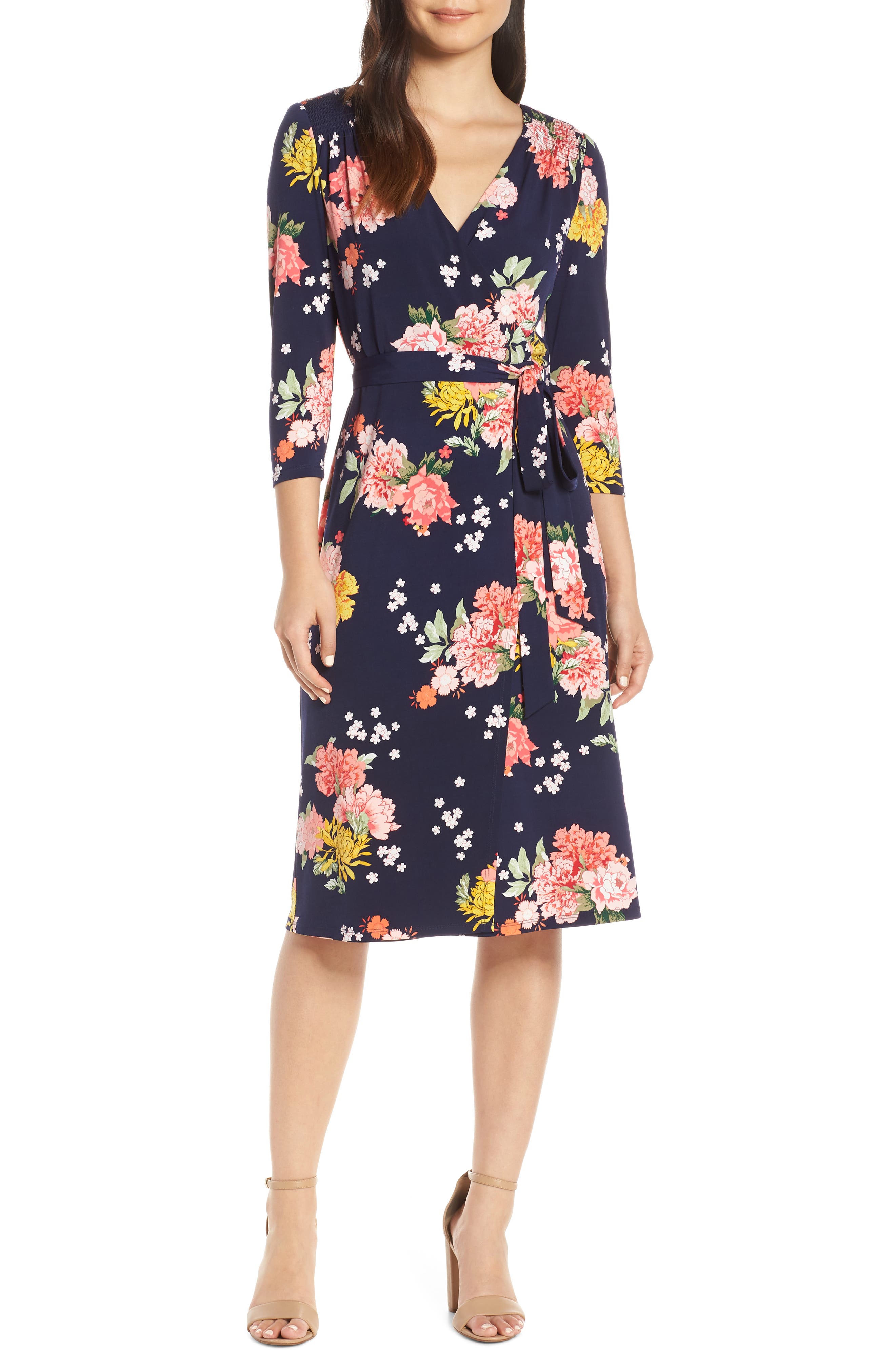 Eliza J Floral Faux Wrap Dress, Blue