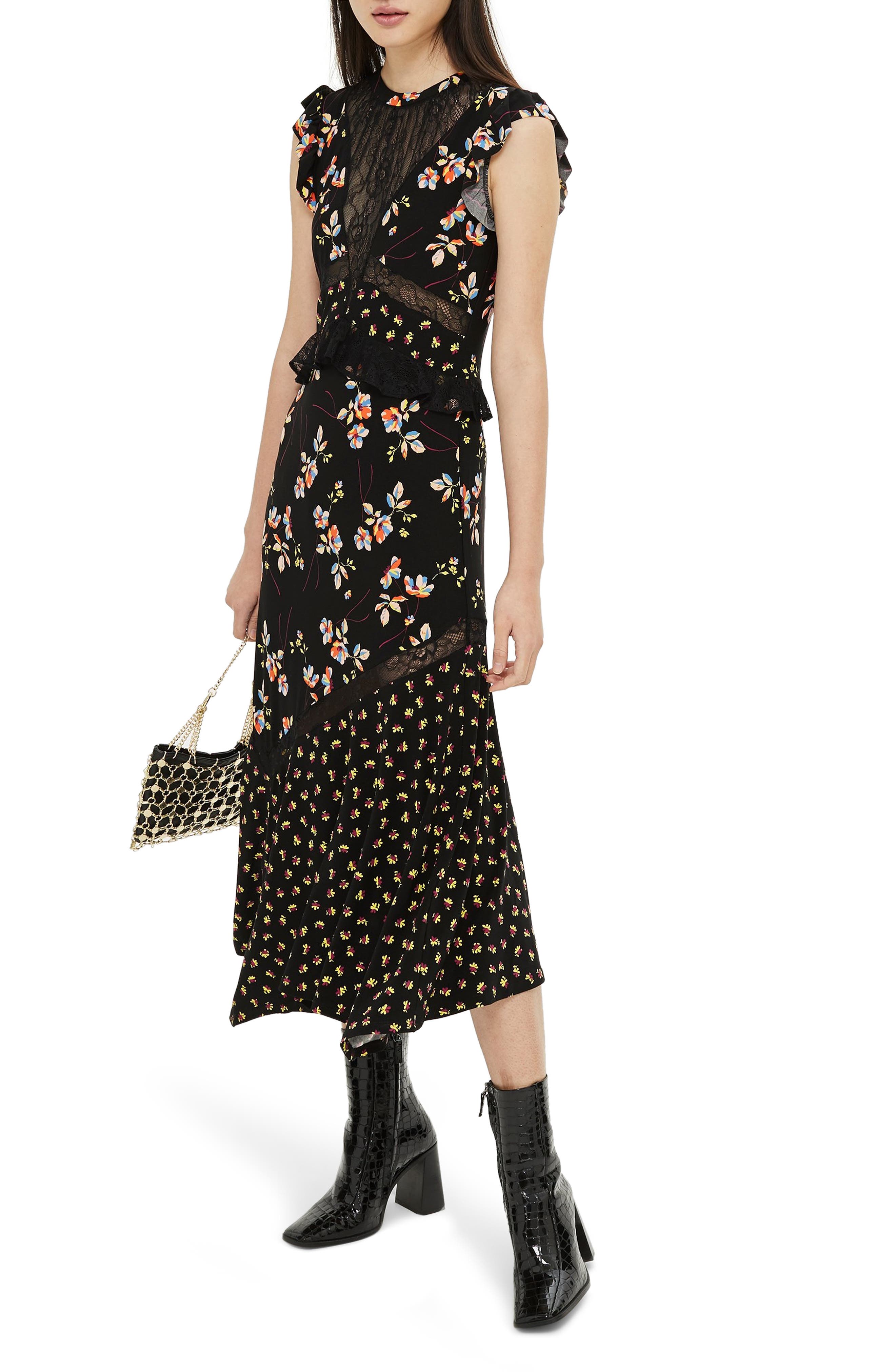 Topshop Lace Mix Spring Midi Dress, US (fits like 10-12) - Black