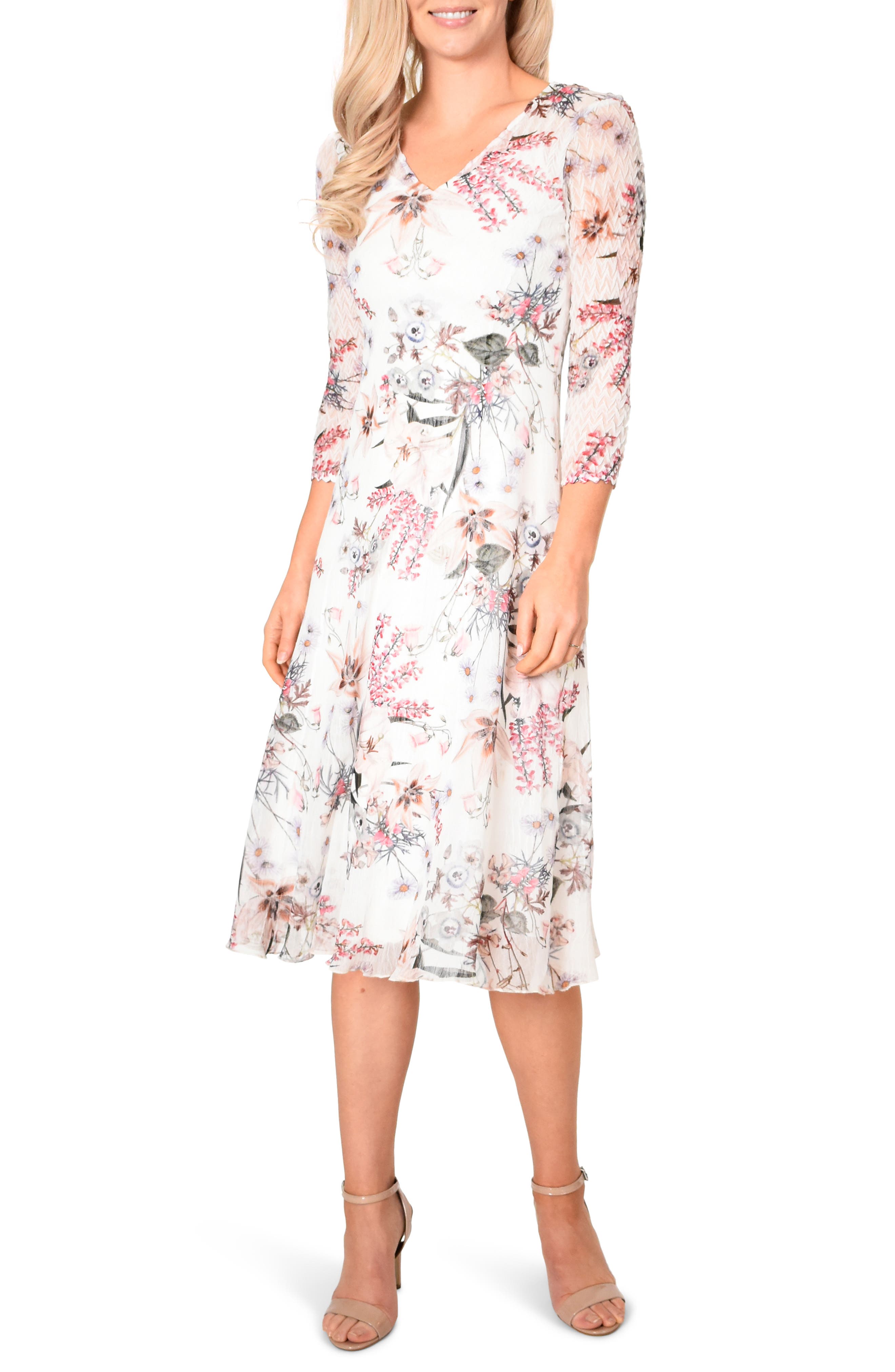 Petite Komarov Floral Chiffon Midi Dress, Ivory