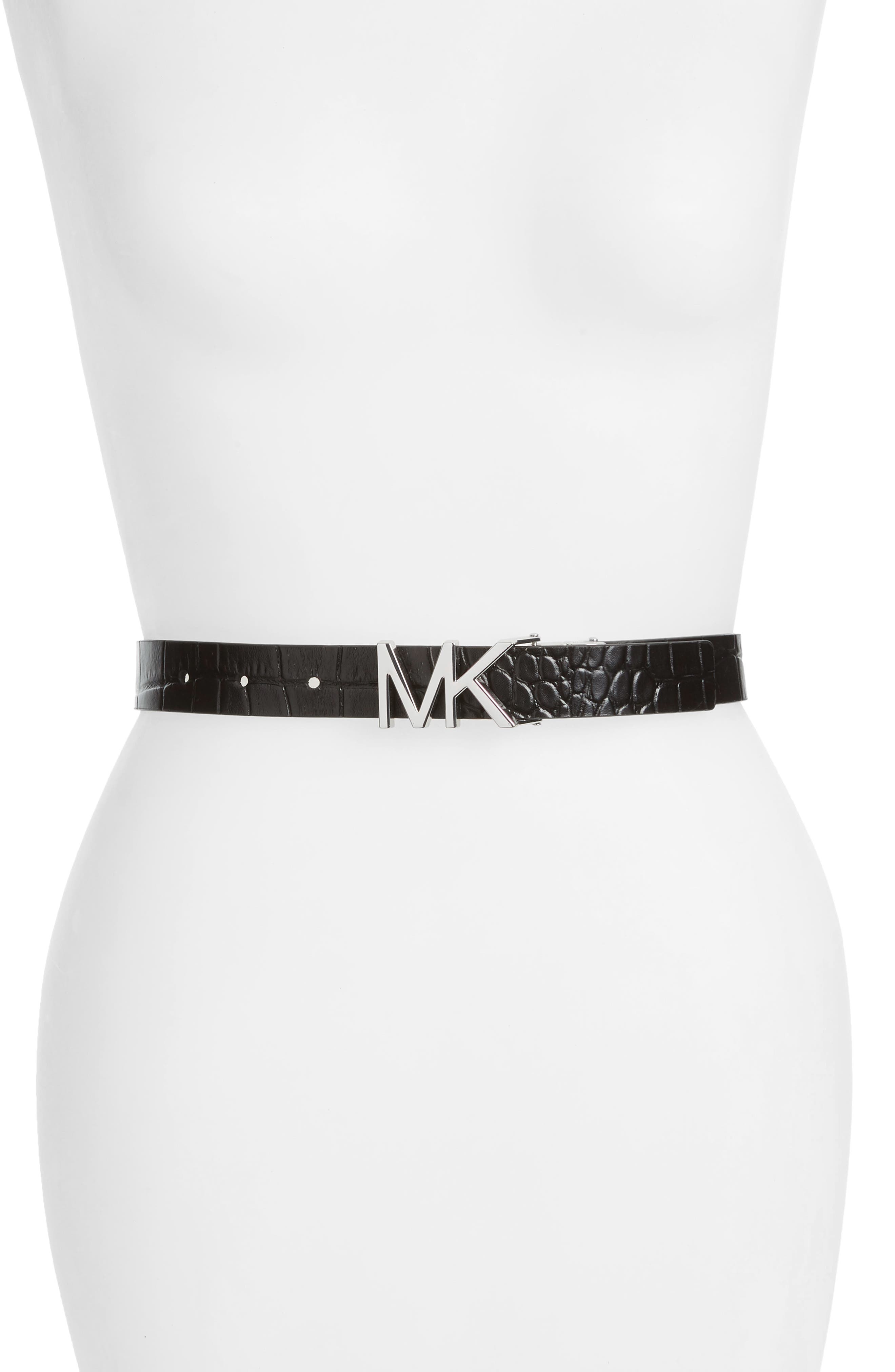 Michael Michael Kors Croc Embossed Leather Belt, Black/ Acorn Pol Nickel