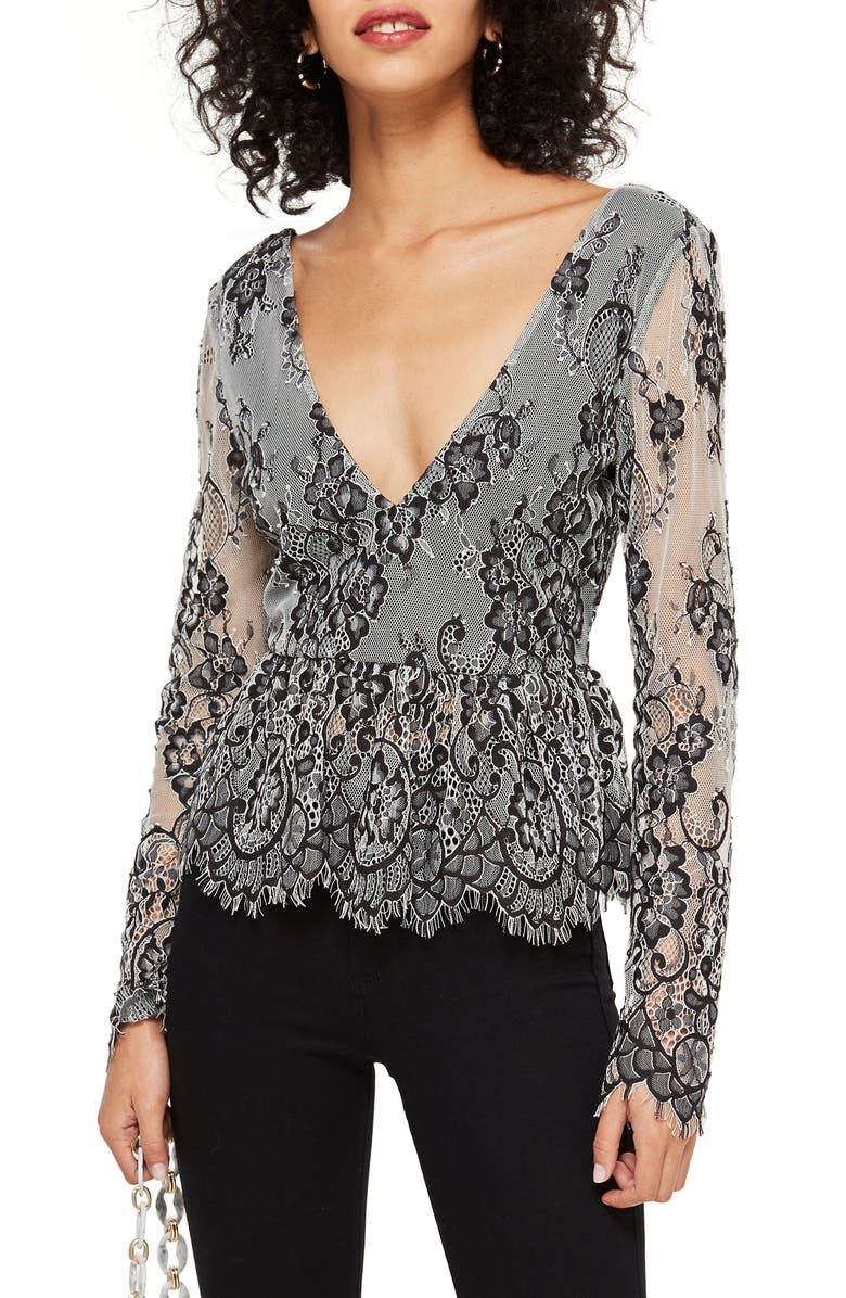Tie Back Lace Peplum Top, Main, color, 001