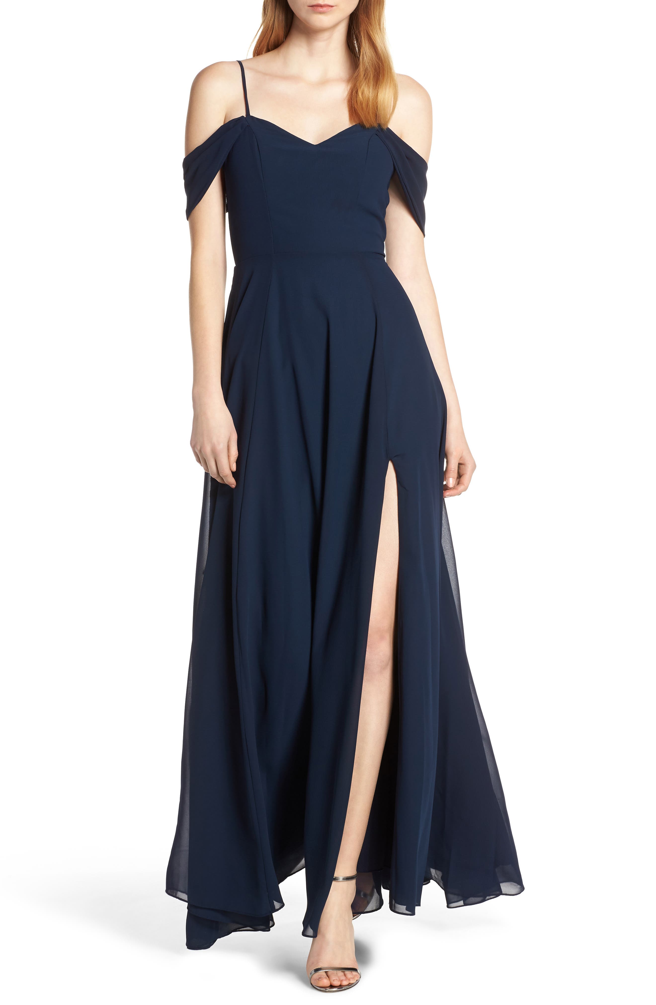 Sequin Hearts Cold Shoulder Lace-Up Back Evening Dress, Blue