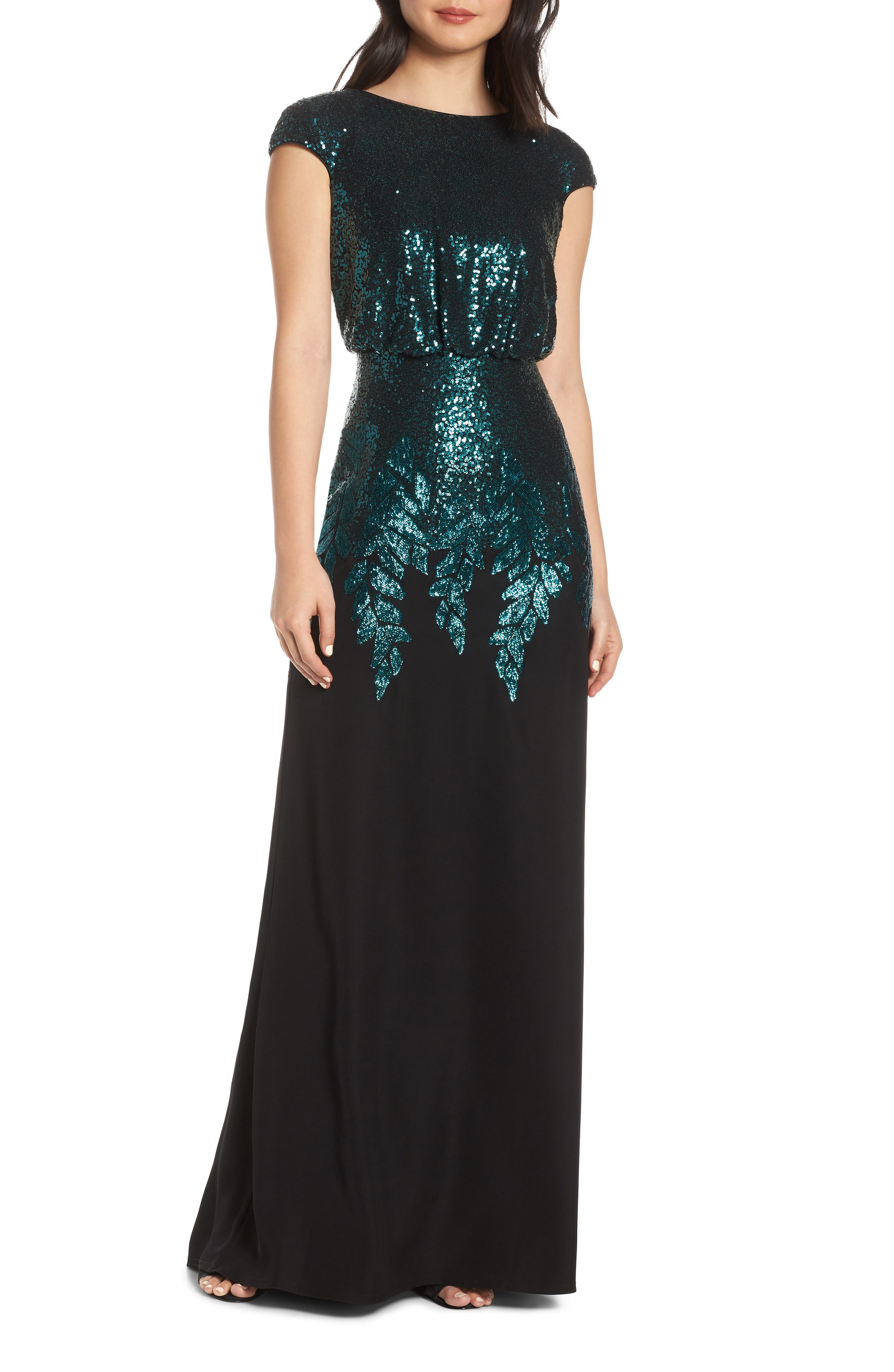 Tadashi Shoji Sequin & Crepe Blouson Evening Dress, Black